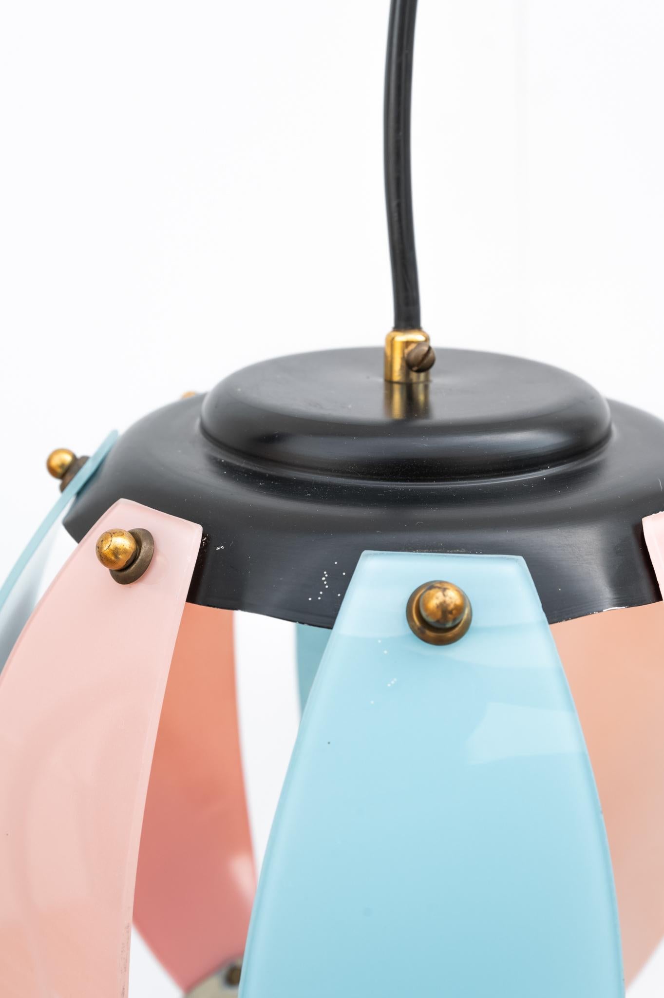 Rare Chandelier with globe lampshade, Made in Italy, 1970s. 
Globe chandelier made of curved light blue and pink glass slats. The bottom ring and lamp holder are made of painted metal, and the curved glasses are attached with small brass balls.