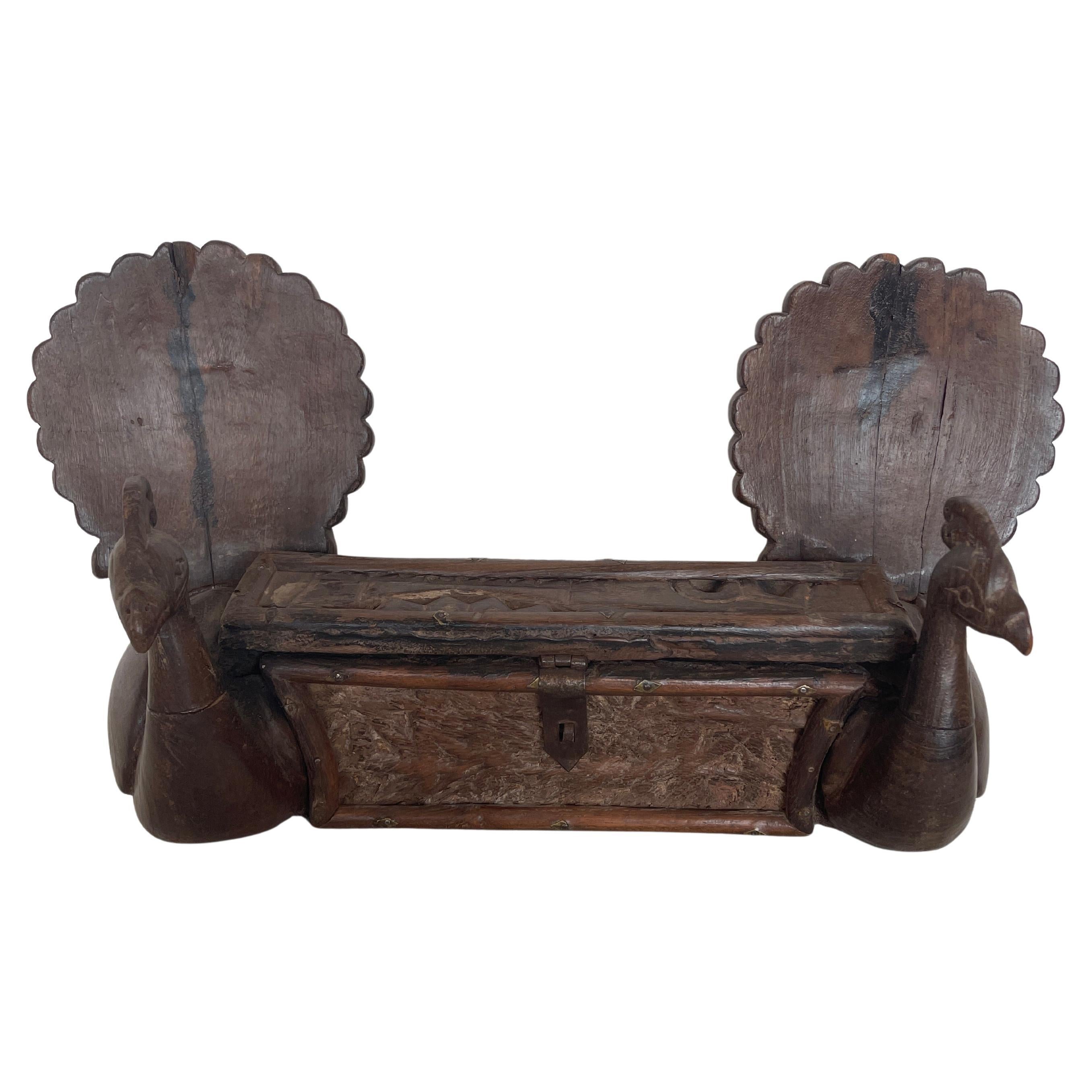 Rare objet de type boîte avec figurine de paon en bois antique 19e siècle