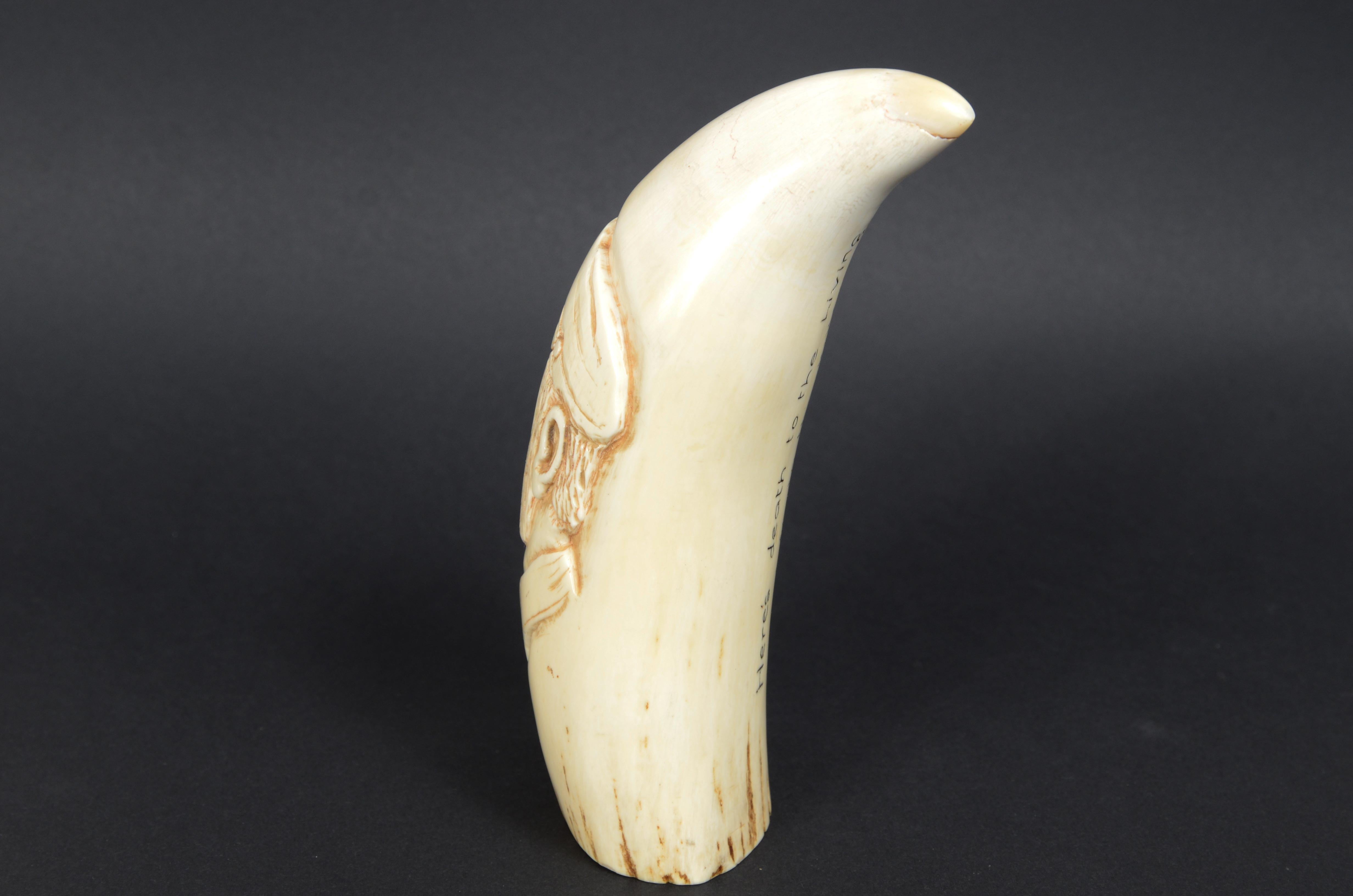 Teeth Rare scrimshaw of large whale tooth in vertical bas-relief a sailor For Sale