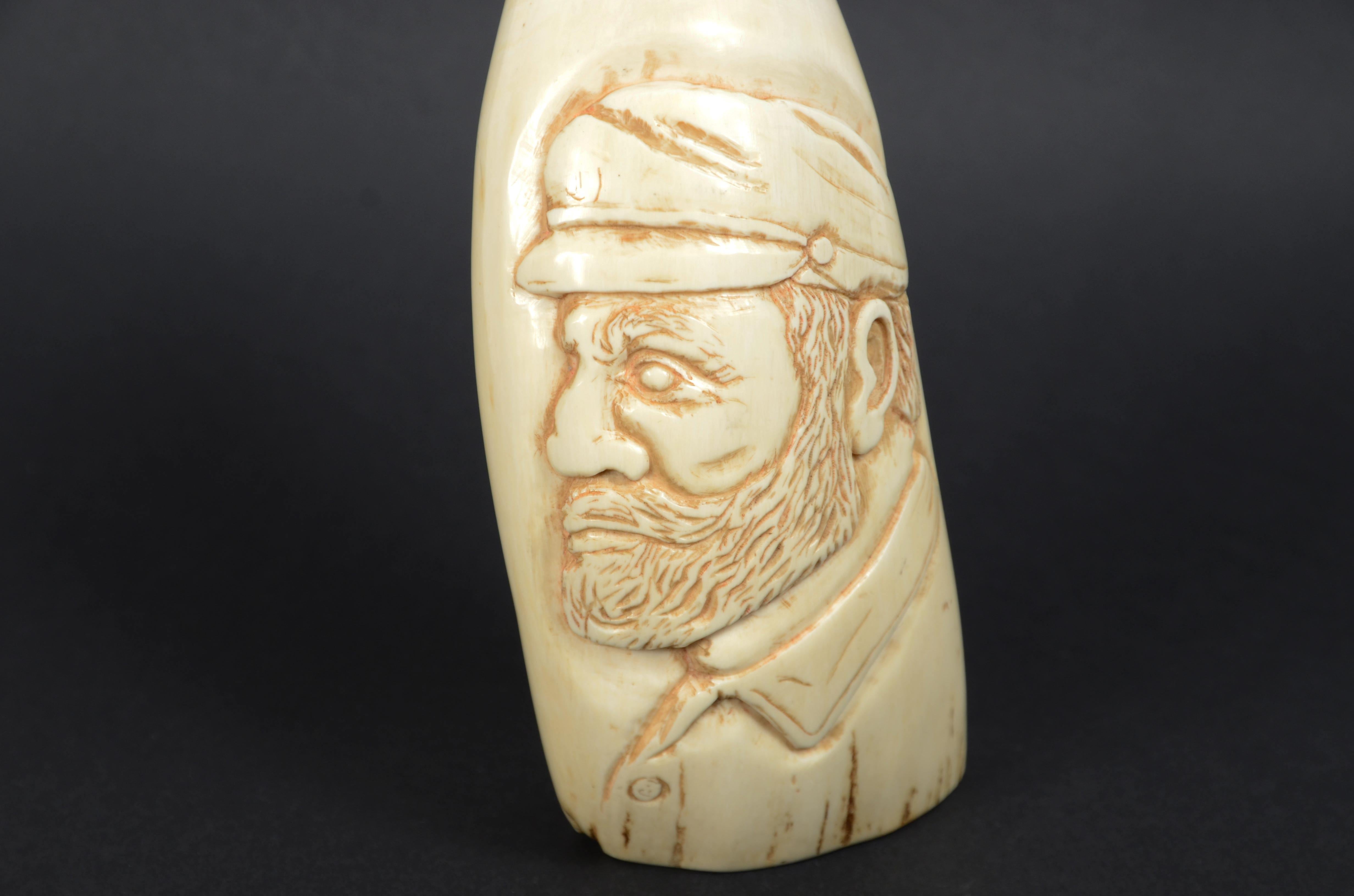 Rare scrimshaw of large whale tooth in vertical bas-relief a sailor For Sale 3
