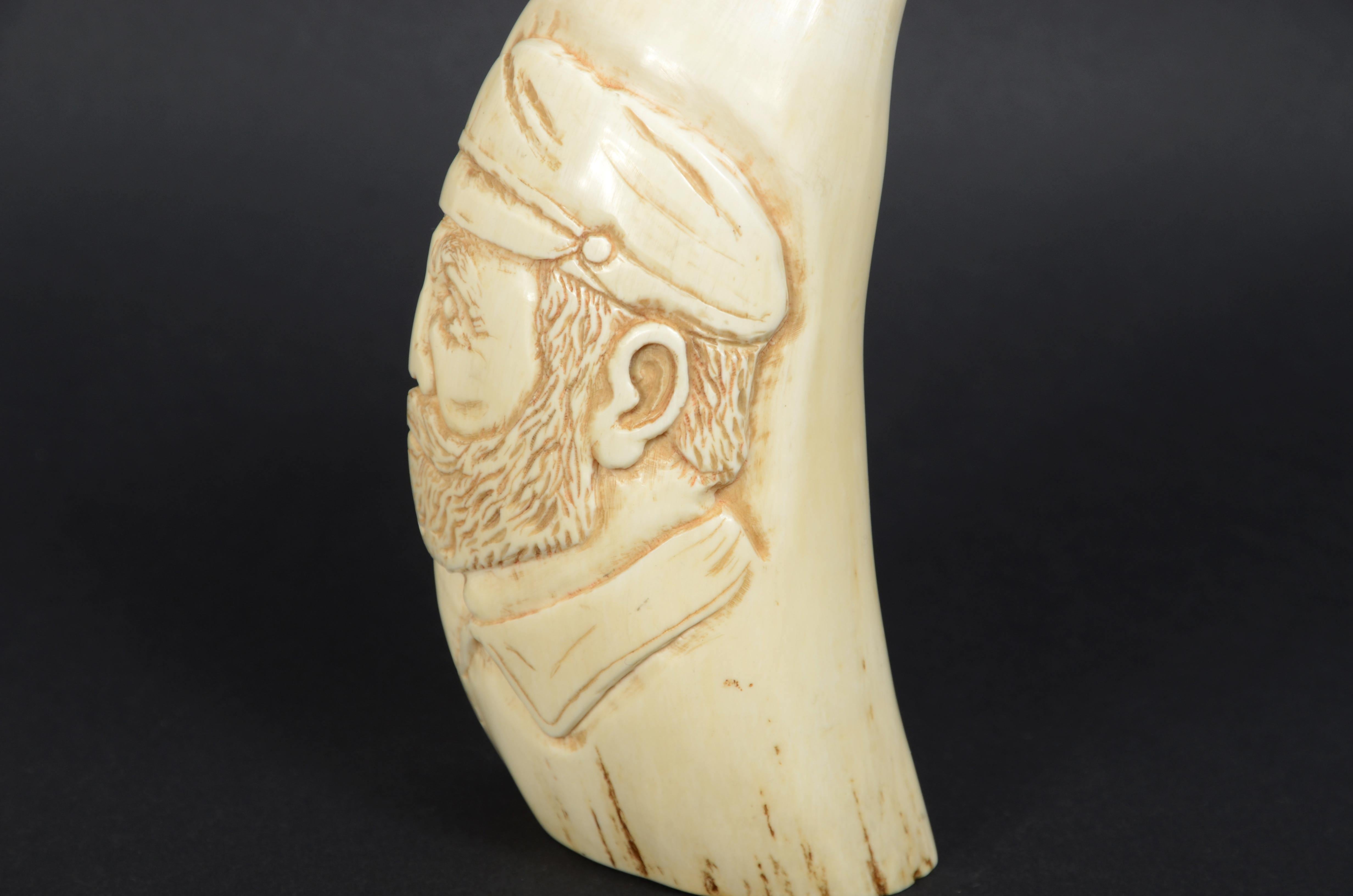 Rare scrimshaw of large whale tooth in vertical bas-relief a sailor For Sale 4