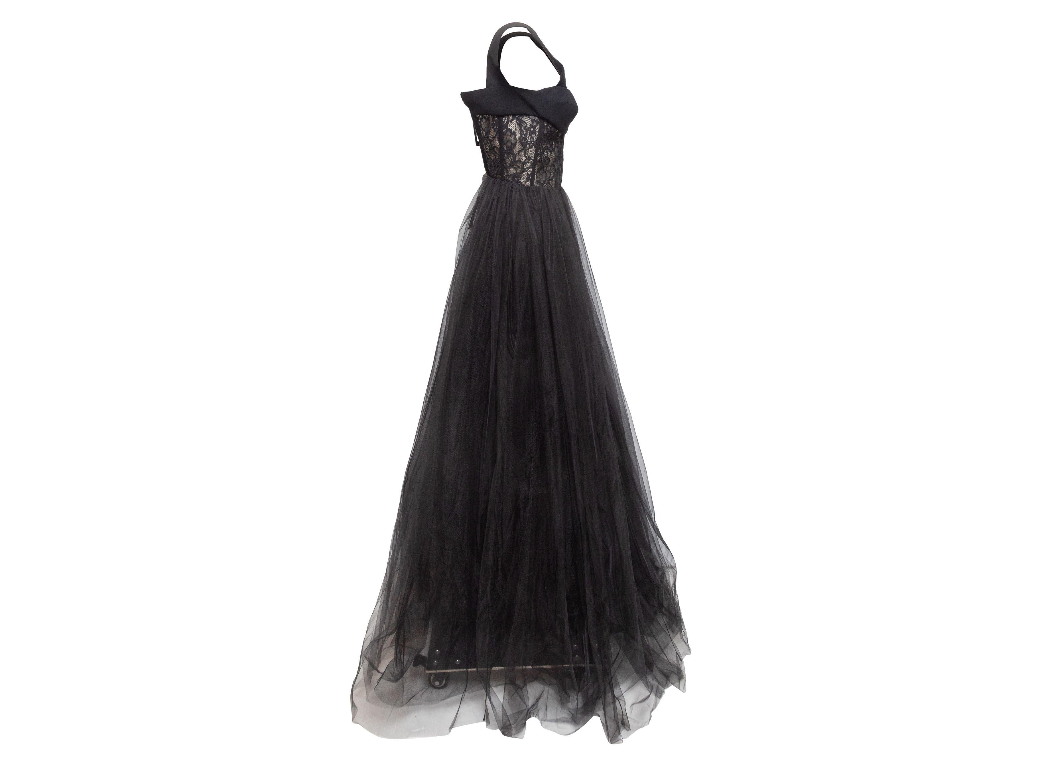 Rasario Black Sleeveless Lace & Tulle Evening Gown In Good Condition In New York, NY