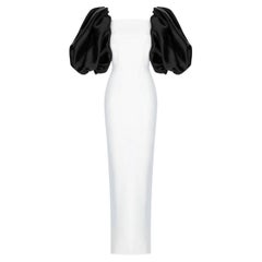 RASARIO CREPE WHITE/BLACK PUFF-SLEEVE LONG EVENING Dress EU 44