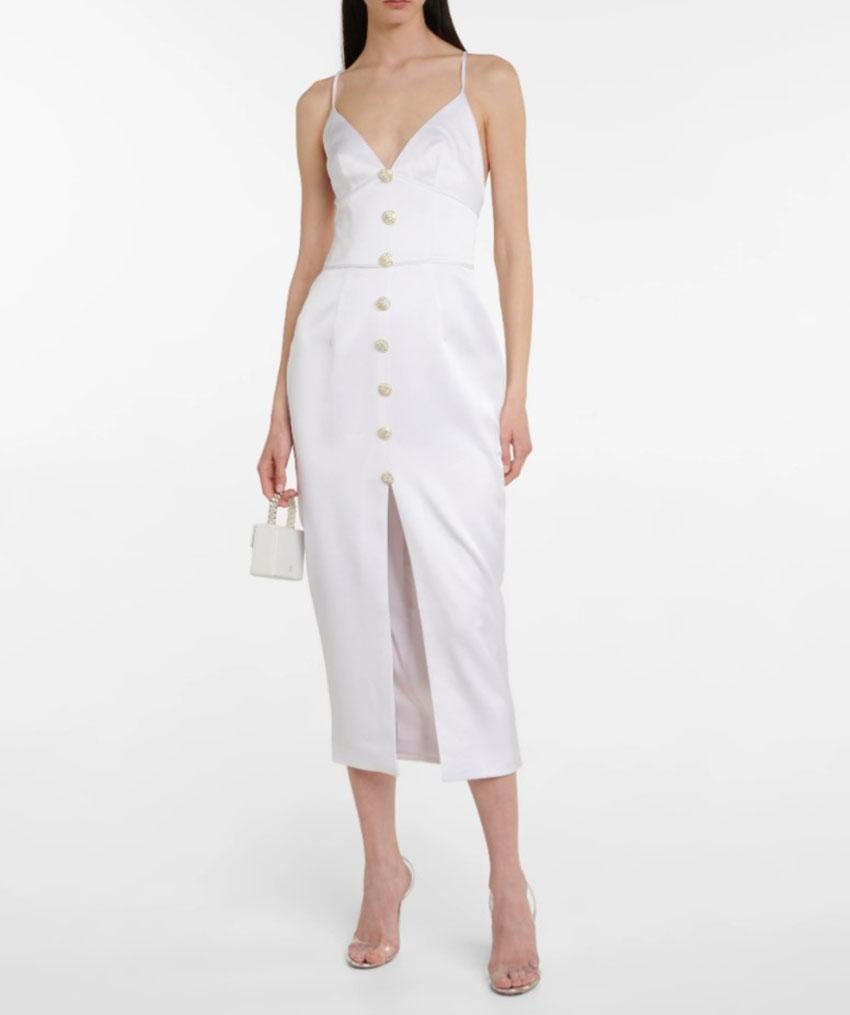 RASARIO

Rasario's careful tailoring and exquisite taste for texture and details, make every design a work of art. 
Cut from white satin to a form-fitting silhouette, this midi dress is embellished with crystal dusted buttons.



Closure: zipped