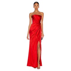 RASARIO EXCLUSIVE ASYMMETRIC DRAPED CORSET GOWN in RED w/FEATHER CAPE  IT 38