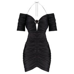 Rasario – schulterfreies, mit Kristallen verziertes Minikleid aus gerafftem Satin.