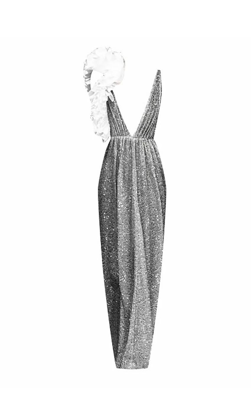 Women's RASARIO SILVER SPARKLING LONG EVENING DRESS w/RUFFLE DETAILS Sz S