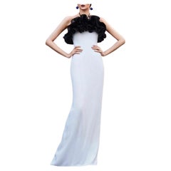 Used RASARIO WHITE LONG EVENING Dress with BLACK RUFFLES as seen on Katy size EU 42 
