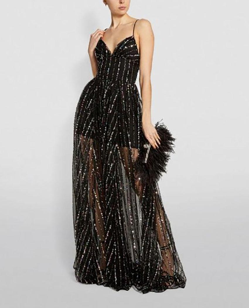  RASARIO 

RASARIO's enchanting black dress is sewn with rows of iridescent sequins, imparting it with a fantasy-tinted sense of glamour. 
It's crafted from airy tulle with a delicate sweetheart neckline and narrow shoulder straps, then is