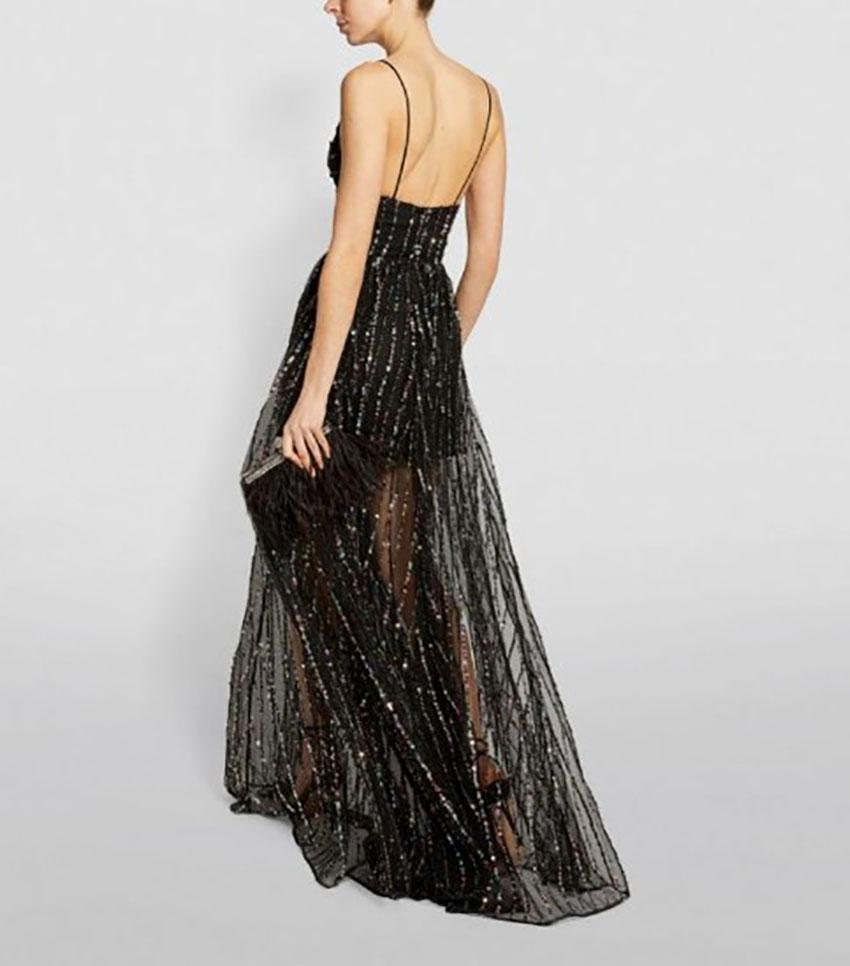  RASARIO WOMEN'S SEQUINED TULLE MAXI GOWN IN BLACK Sz IT 44  In Excellent Condition In Montgomery, TX