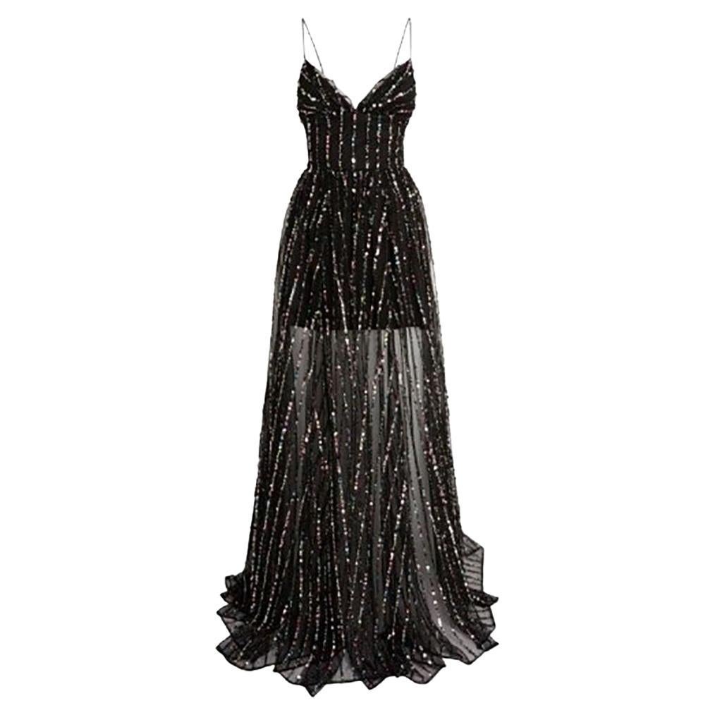  RASARIO WOMEN'S SEQUINED TULLE MAXI GOWN IN BLACK Sz IT 44 