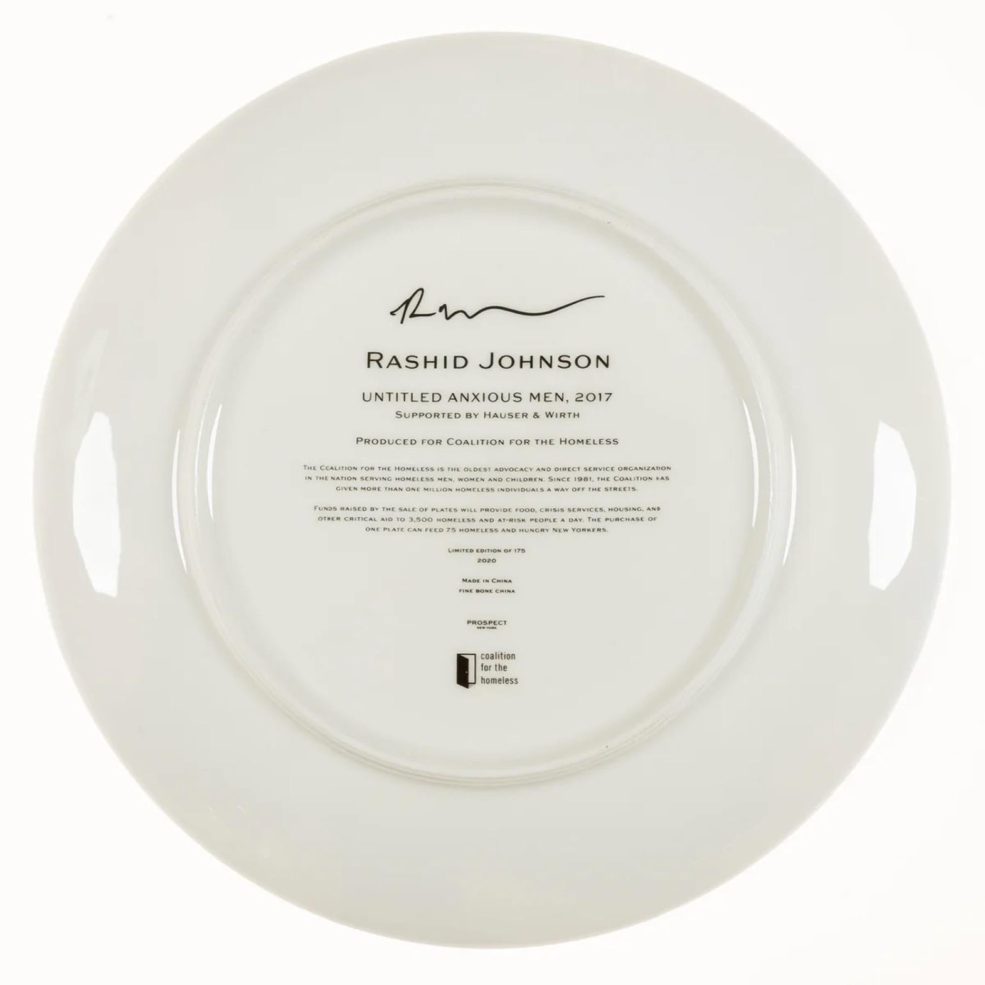 Rashid Johnson, Untitled Anxious Men, 2020

Glazed bone china plate

27.3 x 27.3cm (10.7 x 10.7 in)

Edition of 175

Published by Prospect for Coalition for the Homeless, New York

Rashid Johnson

Throughout his multimedia practice, Rashid Johnson