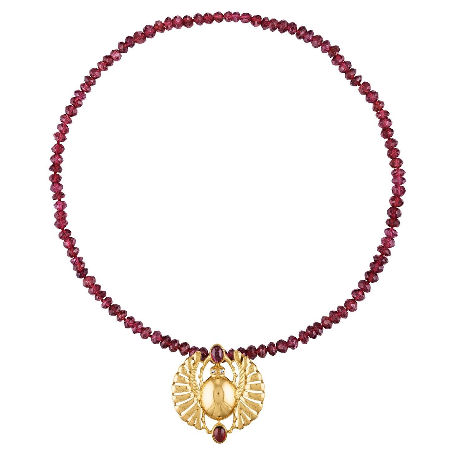 Rashida Winged Scarab Necklace with Red Garnet Beads 
18K Gold Vermeil Pendant For Sale