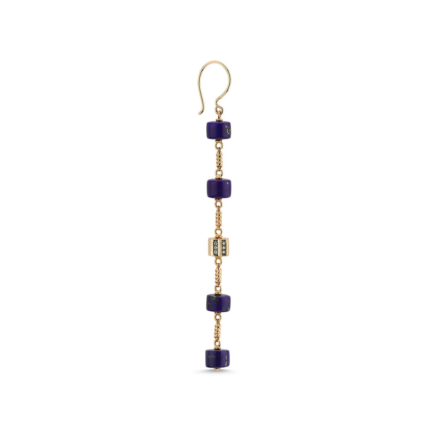 Rasia Five Cylinder Lapis Earring 'Single' in 14k Rose Gold by Selda Jewellery In New Condition For Sale In Istanbul, TR