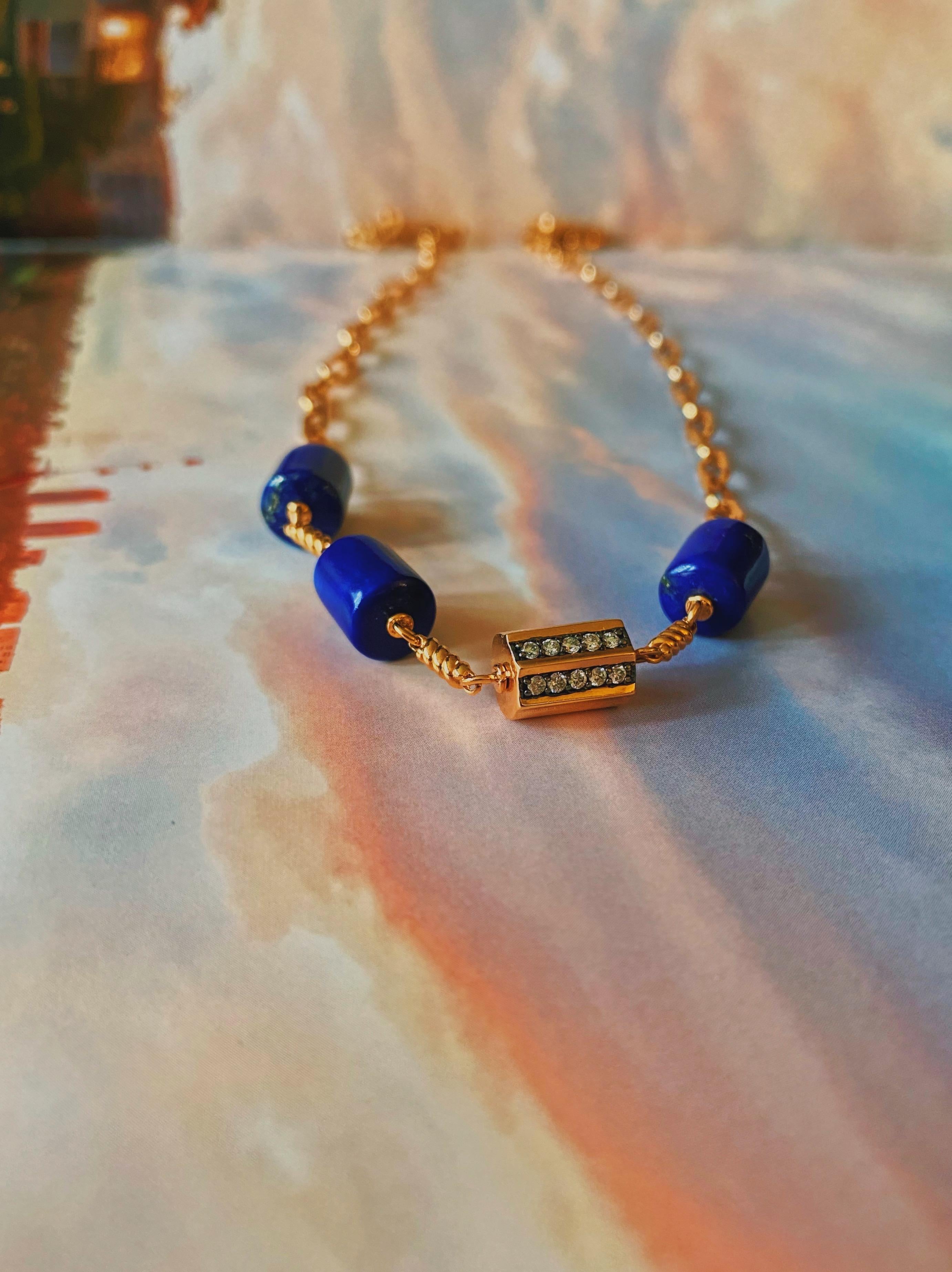 Brilliant Cut Rasia Lapis Necklace in 14K Rose Gold with White Diamond For Sale