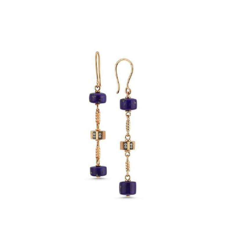 Rasia three cylinder lapis earring (single) in 14k rose gold by Selda Jewellery

Additional Information:-
Collection: Treasures of the Sea Collection
14k Rose gold
0.03ct White diamond
Length 6cm