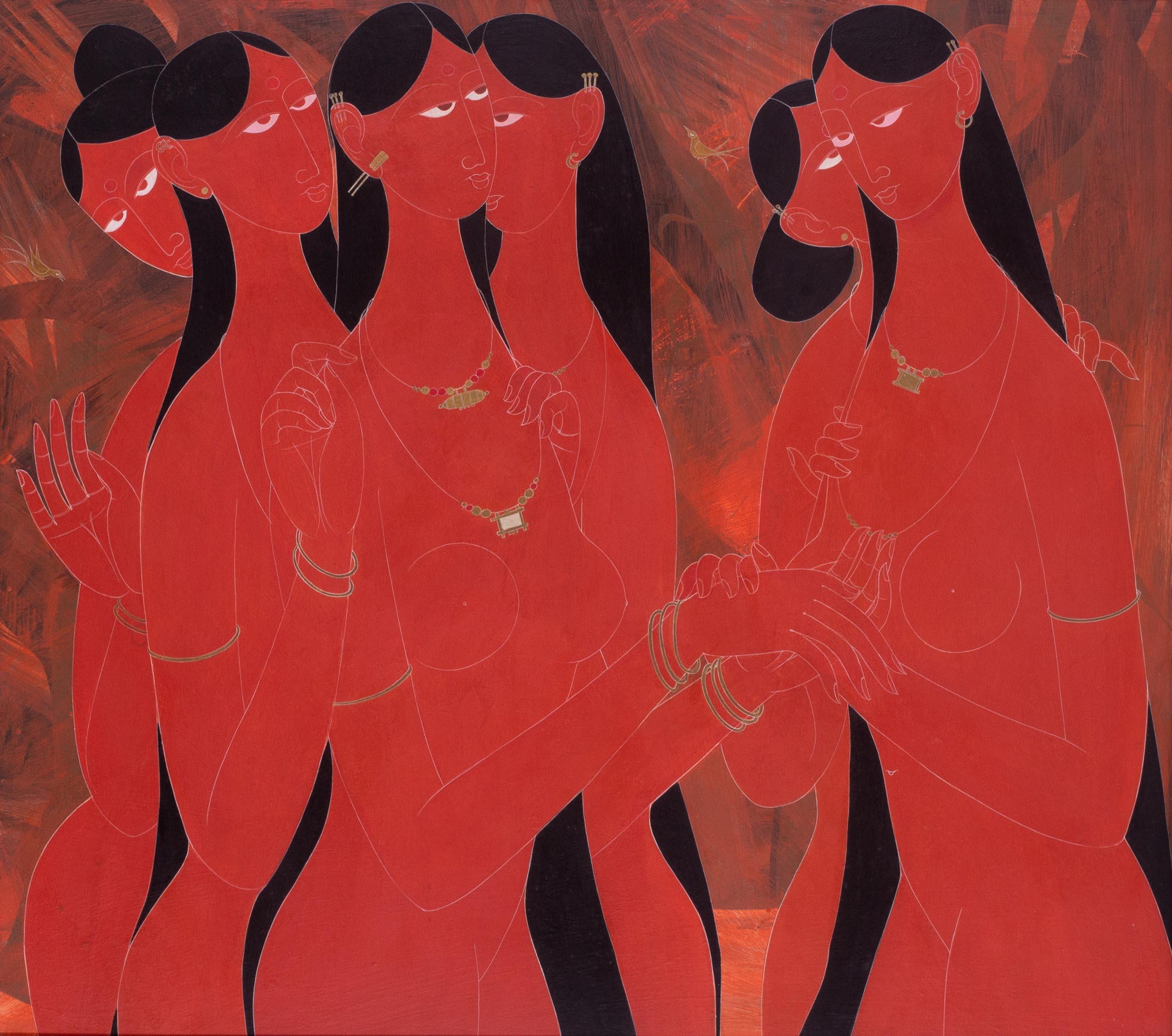 Indian 20th Century artist, Rasik Dugashanker Rabal, red painting with six women For Sale 1