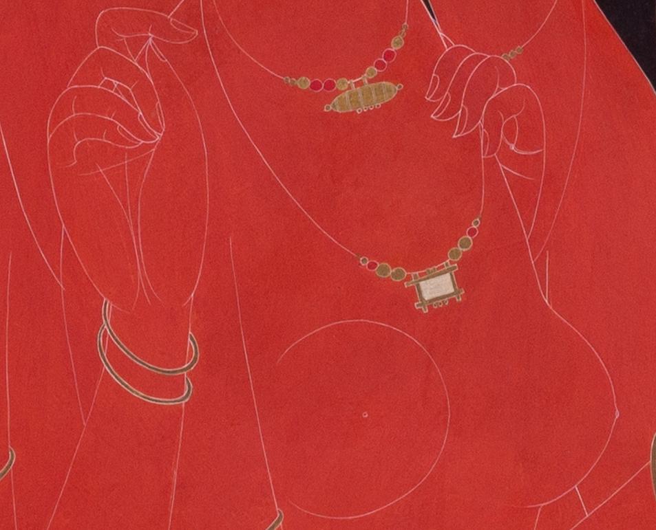 Indian 20th Century artist, Rasik Dugashanker Rabal, red painting with six women For Sale 3