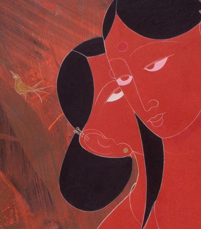 Indian 20th Century artist, Rasik Dugashanker Rabal, red painting with six women For Sale 4