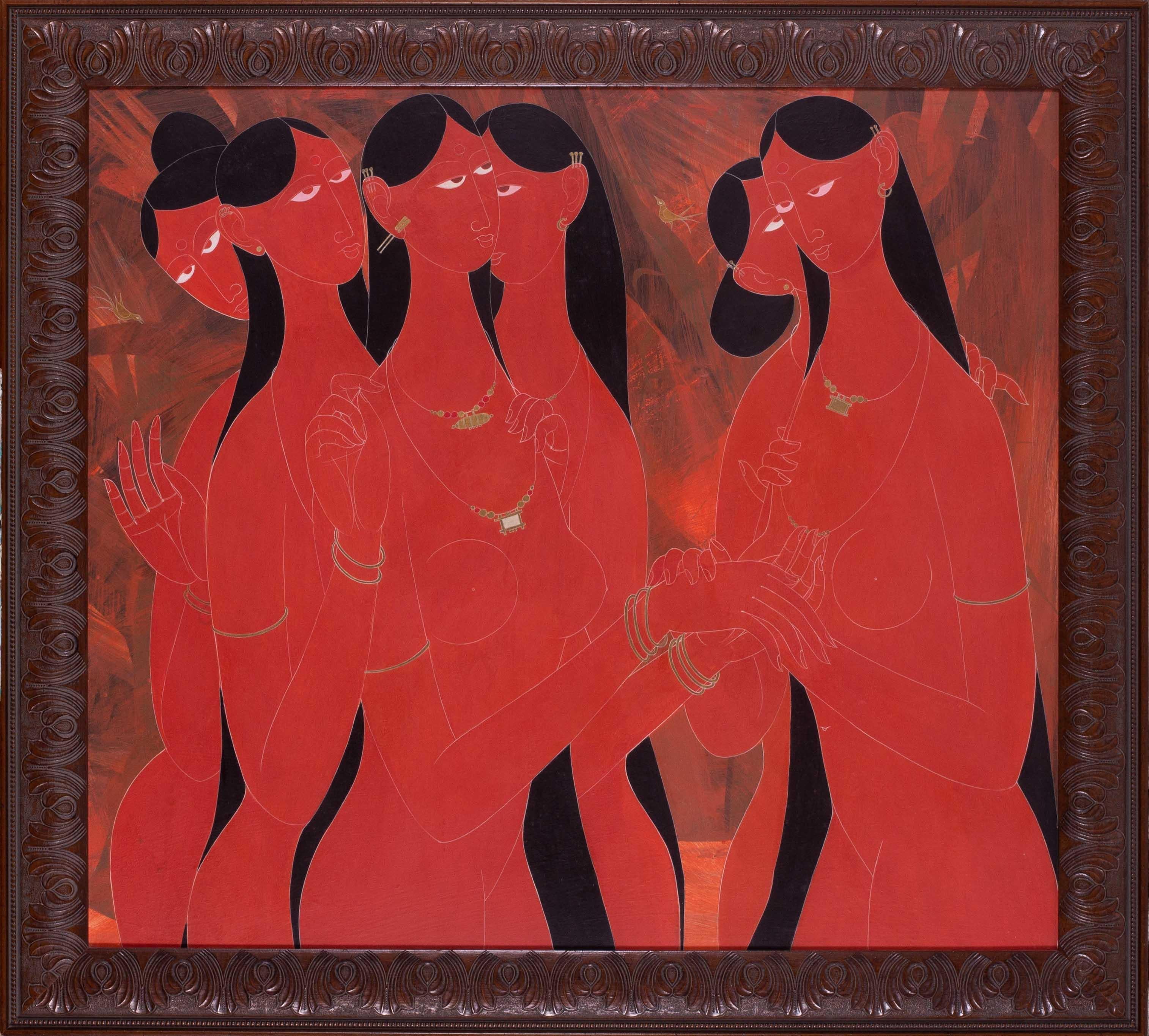 Rasik Dugashanker Rabal (Indian, 1928 – 1980)
Six standing women
Acrylic on board
Signed ‘RAVAL’ (upper right)
32 x 36 in. (81.5 x 91.5 cm.)

This is a modernistic view of six nude Indian women on a red background.  The artist's works have sold into