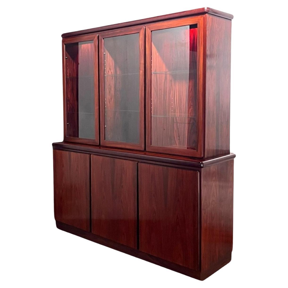 Rasmus Danish Mid Century Modern Lighted Rosewood China Cabinet Hutch c. 1970s For Sale