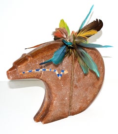 Raspberry Alabaster Feather Bundled Bear Fetish with Heart Line