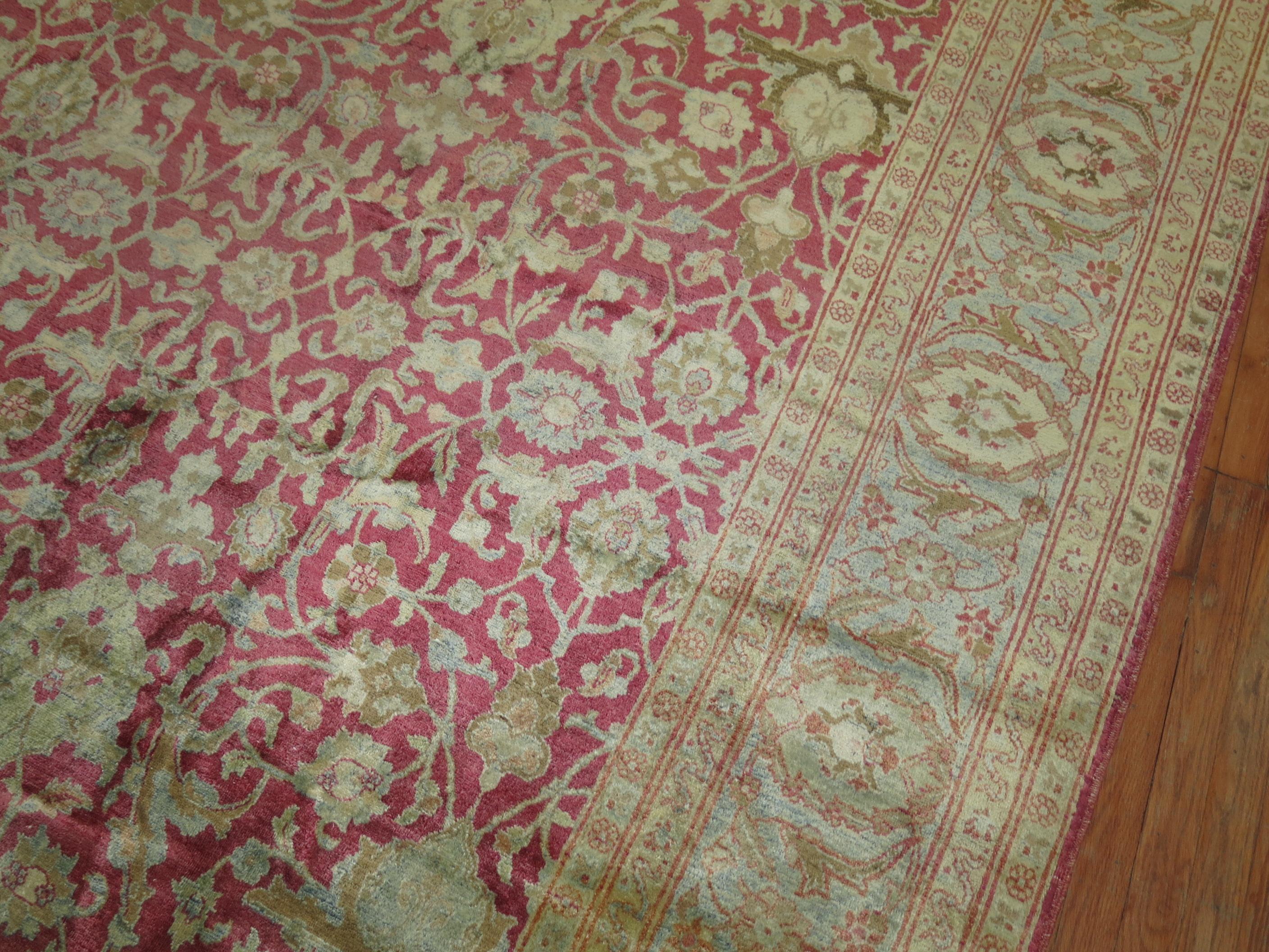 Hand-Woven Raspberry Icy Blue Oversize Persian Tabriz Rug, Early 20th Century For Sale