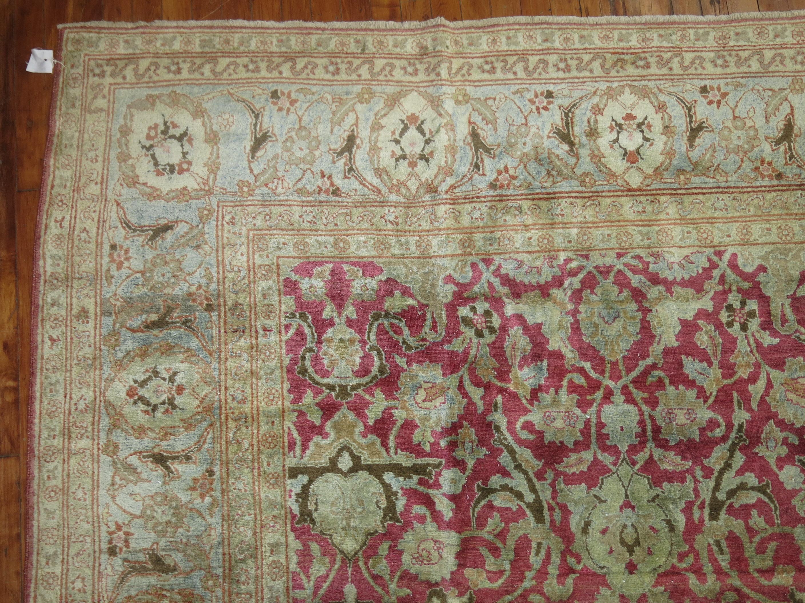 Wool Raspberry Icy Blue Oversize Persian Tabriz Rug, Early 20th Century For Sale