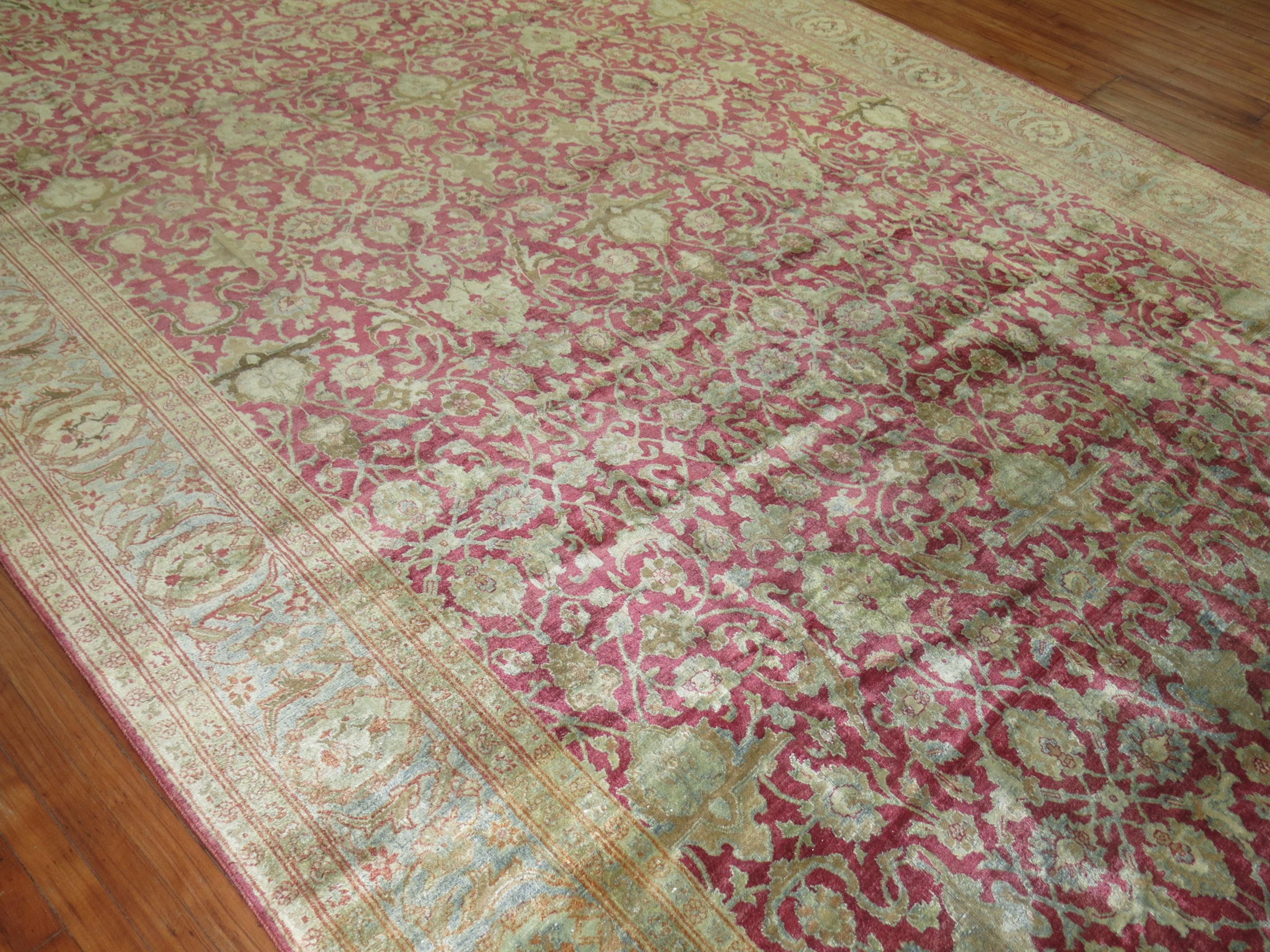 Raspberry Icy Blue Oversize Persian Tabriz Rug, Early 20th Century For Sale 1