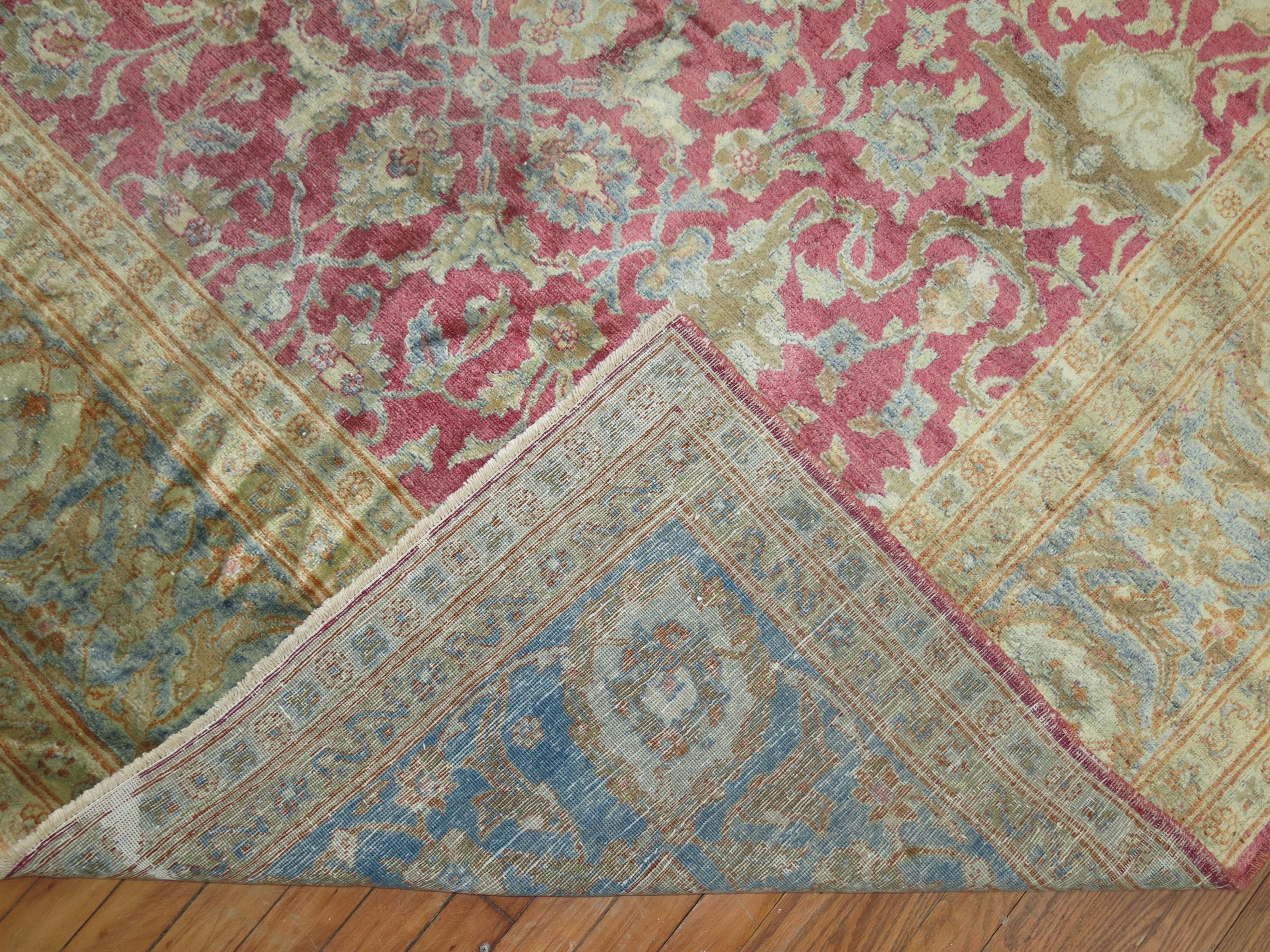 Raspberry Icy Blue Oversize Persian Tabriz Rug, Early 20th Century For Sale 2