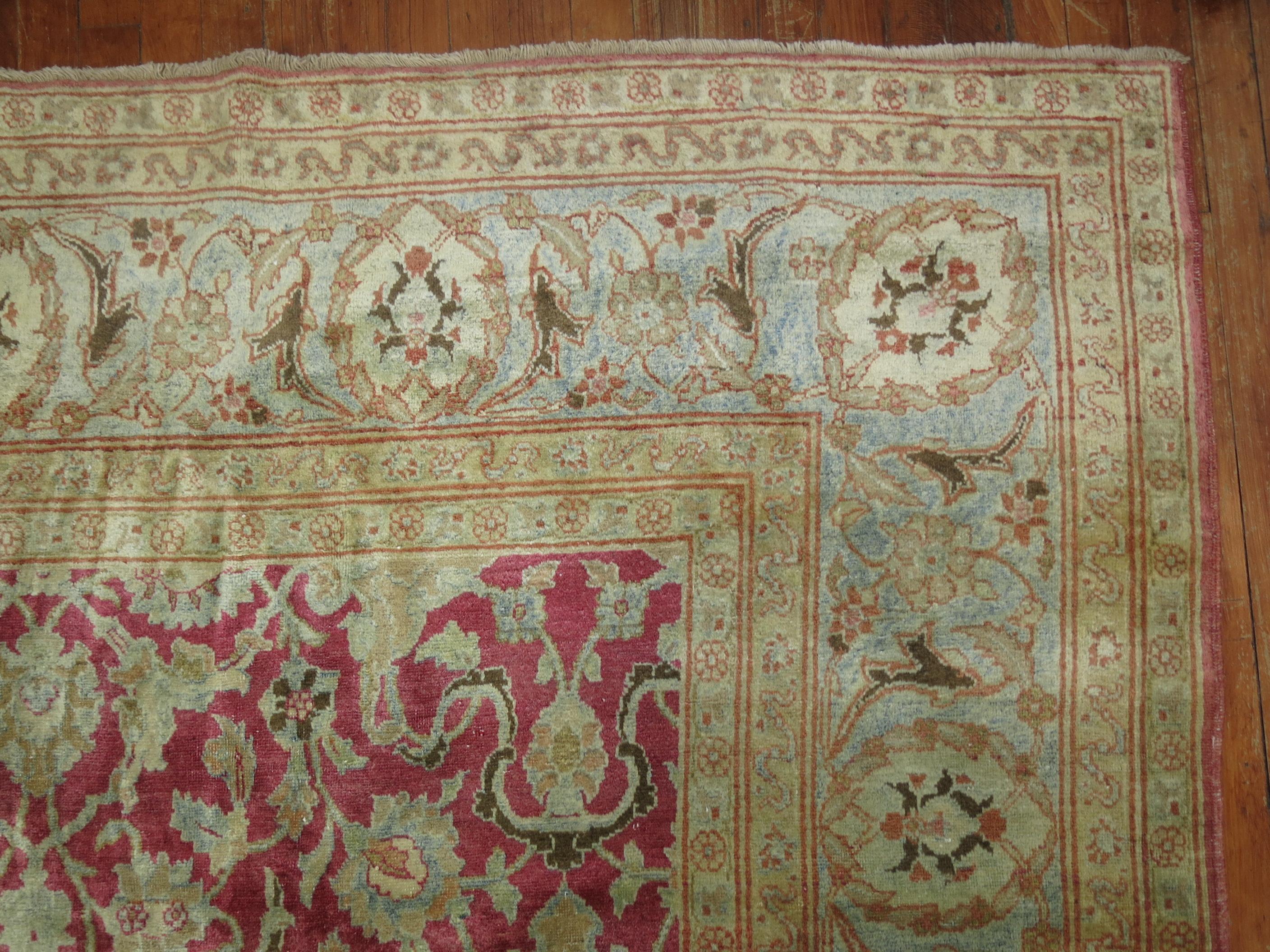 Raspberry Icy Blue Oversize Persian Tabriz Rug, Early 20th Century For Sale 3