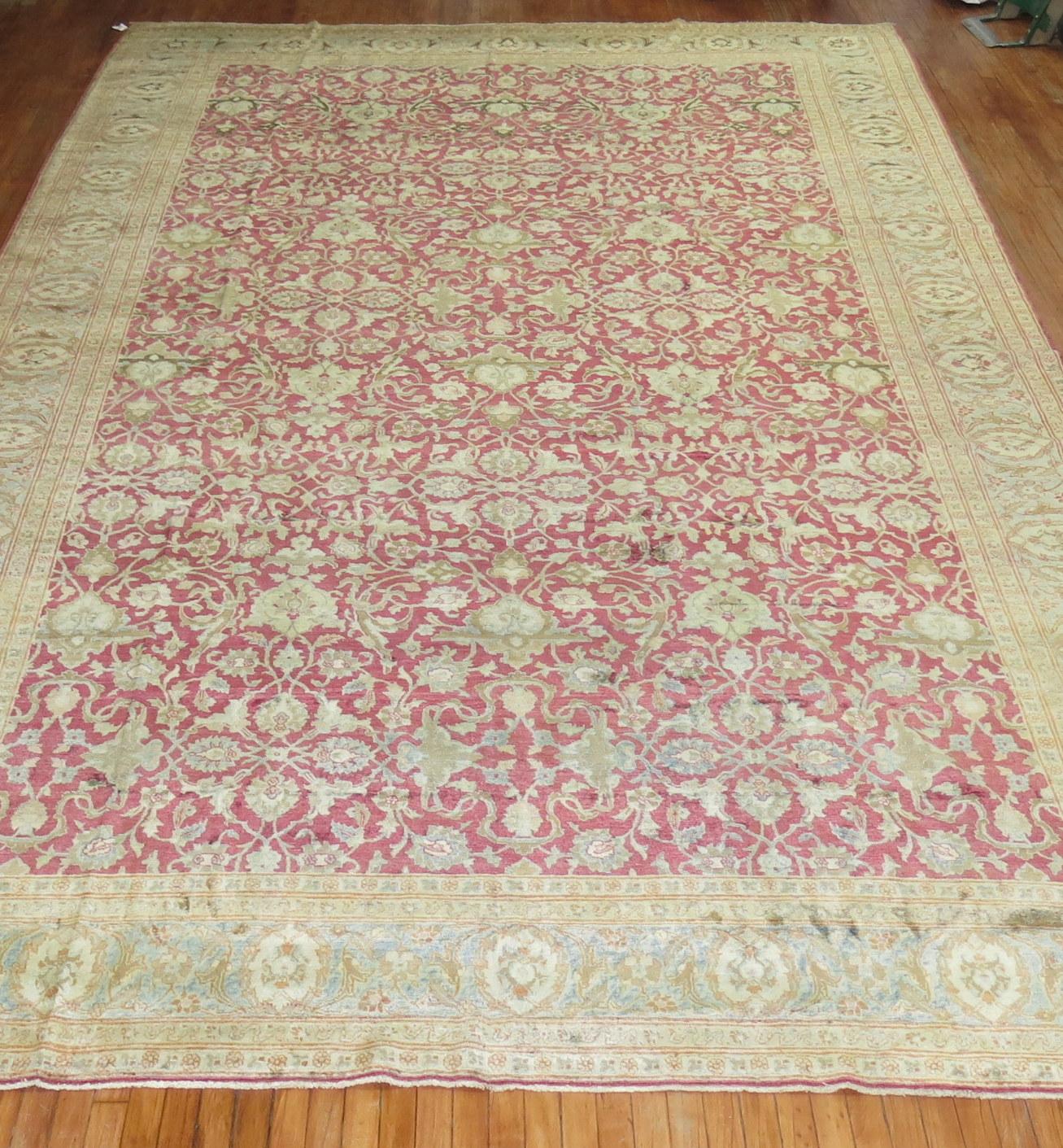 Raspberry Icy Blue Oversize Persian Tabriz Rug, Early 20th Century For Sale 4