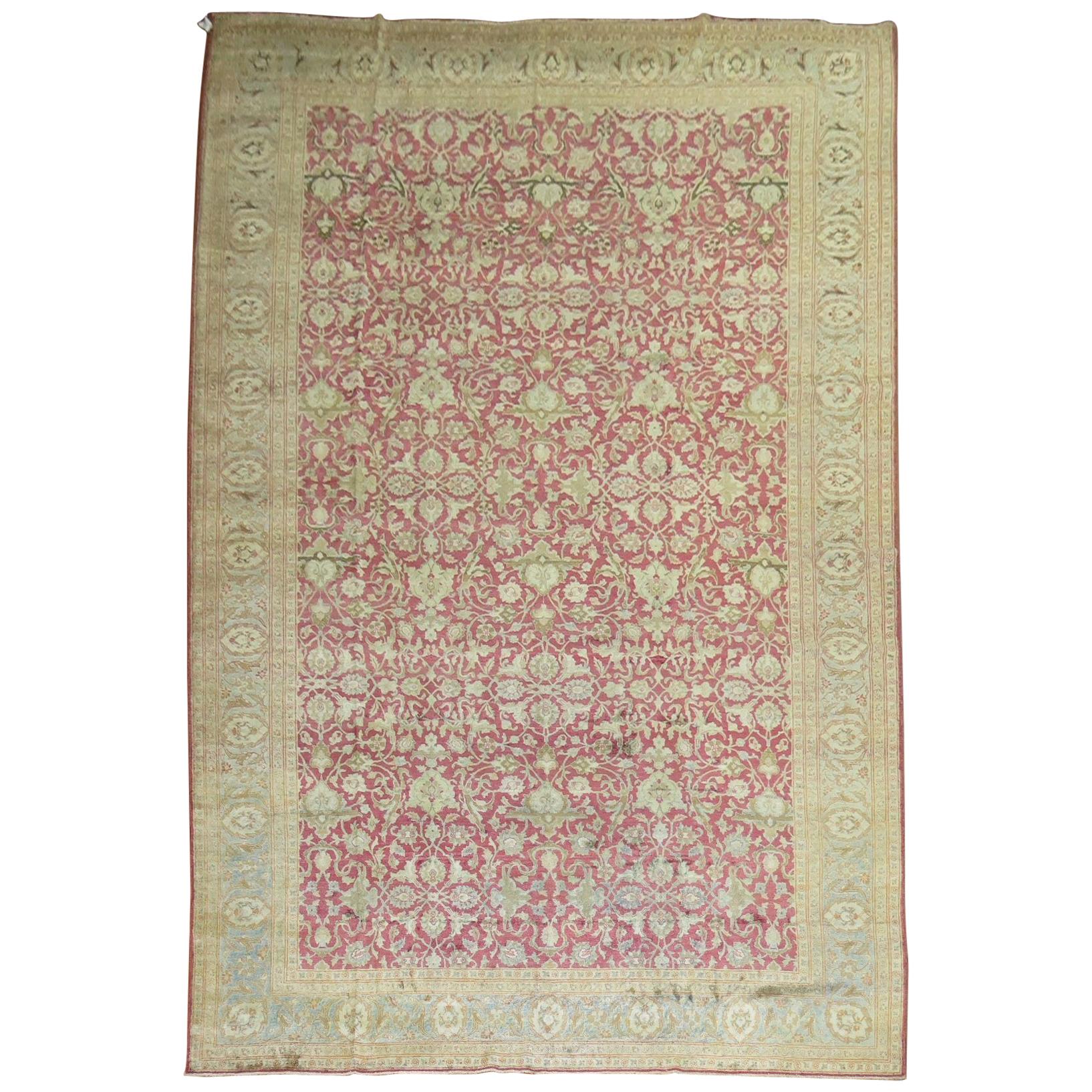 Raspberry Icy Blue Oversize Persian Tabriz Rug, Early 20th Century