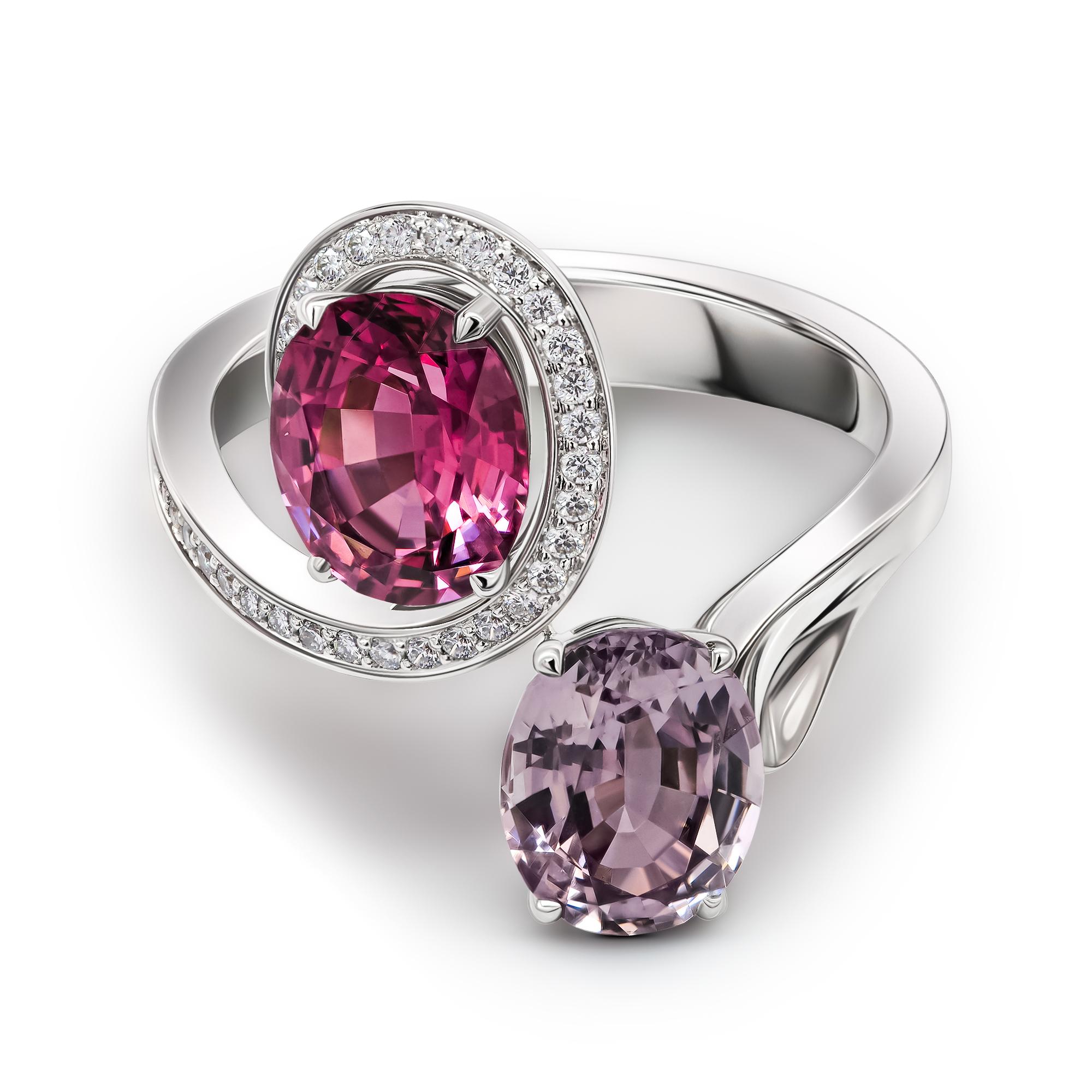 •	18K white gold.  
•	Raspberry Spinel in oval cut - total carat weight 1.79. 
•	Lavender Spinel in oval cut - total carat weight 1.84.  
•	Diamonds – 33 pc in round cut, total carat weight 0.15.
•	Ring size – 7’.
•	Product weight – 5.88 grams.

