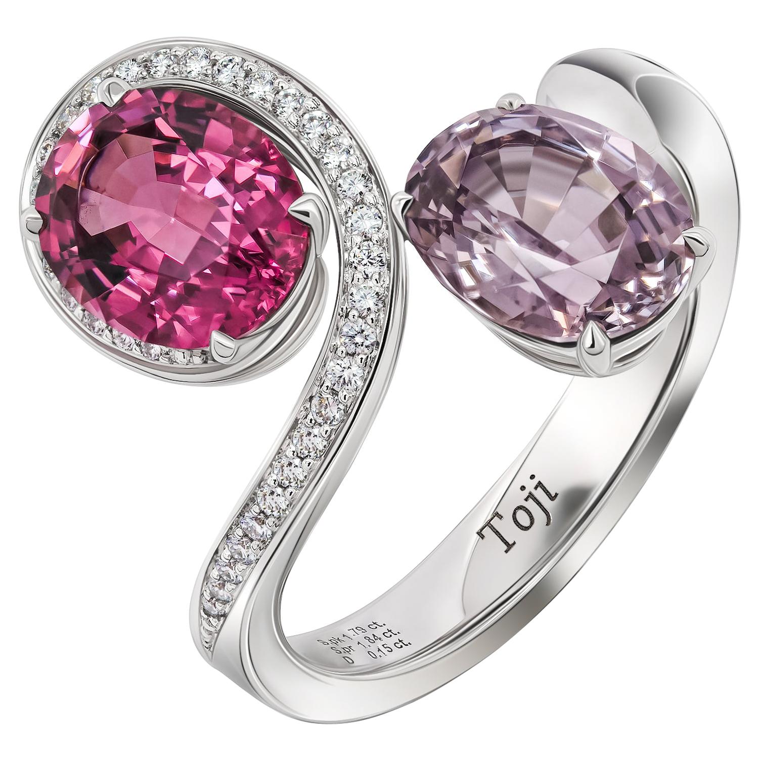 Raspberry & Lavender Spinels Ring, 18 K White Gold Spinels and Diamonds Ring For Sale