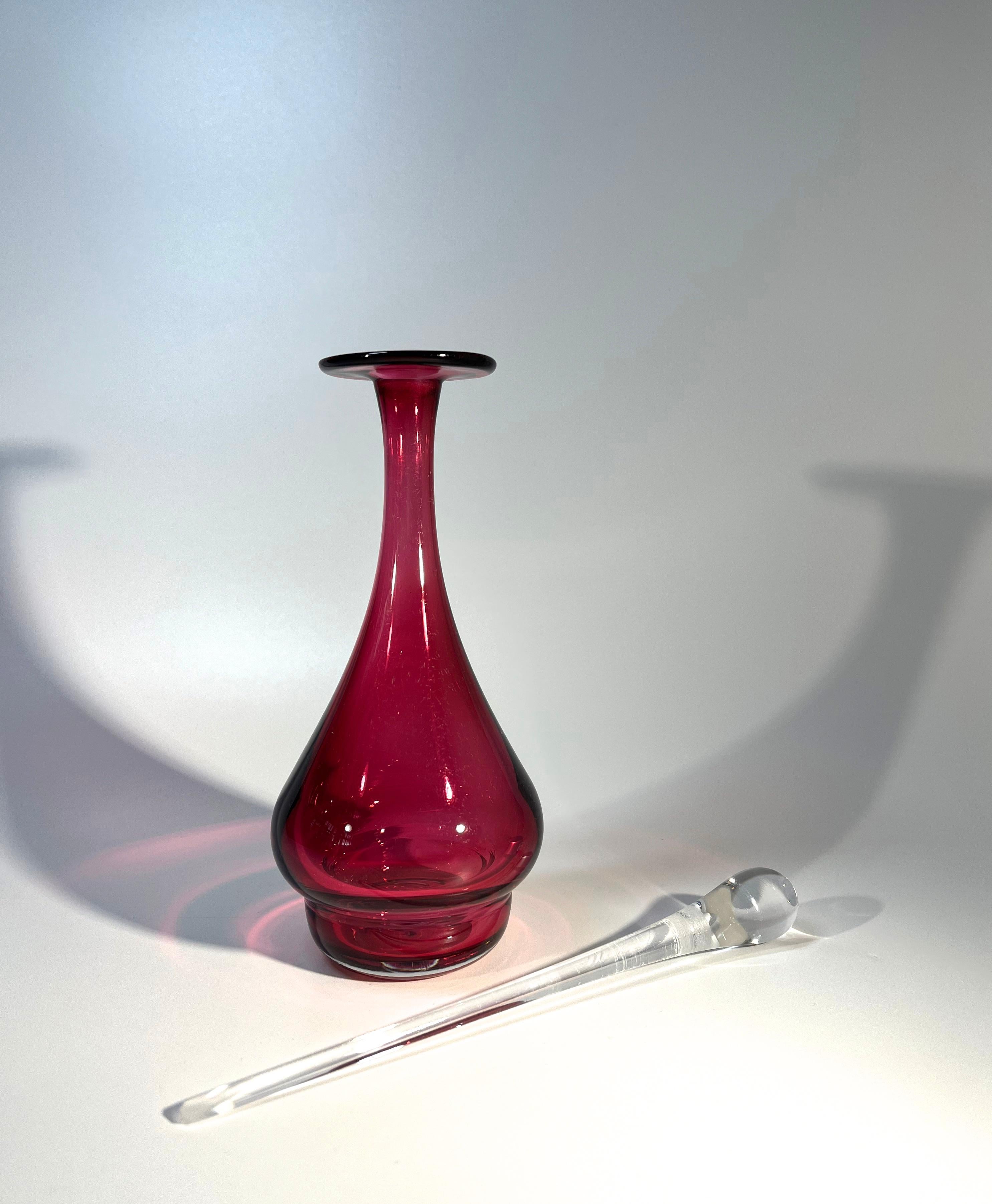 Mid-Century Modern Raspberry Perfume Bottle With Extravagant Spear Dropper. Bristol Glass, England For Sale
