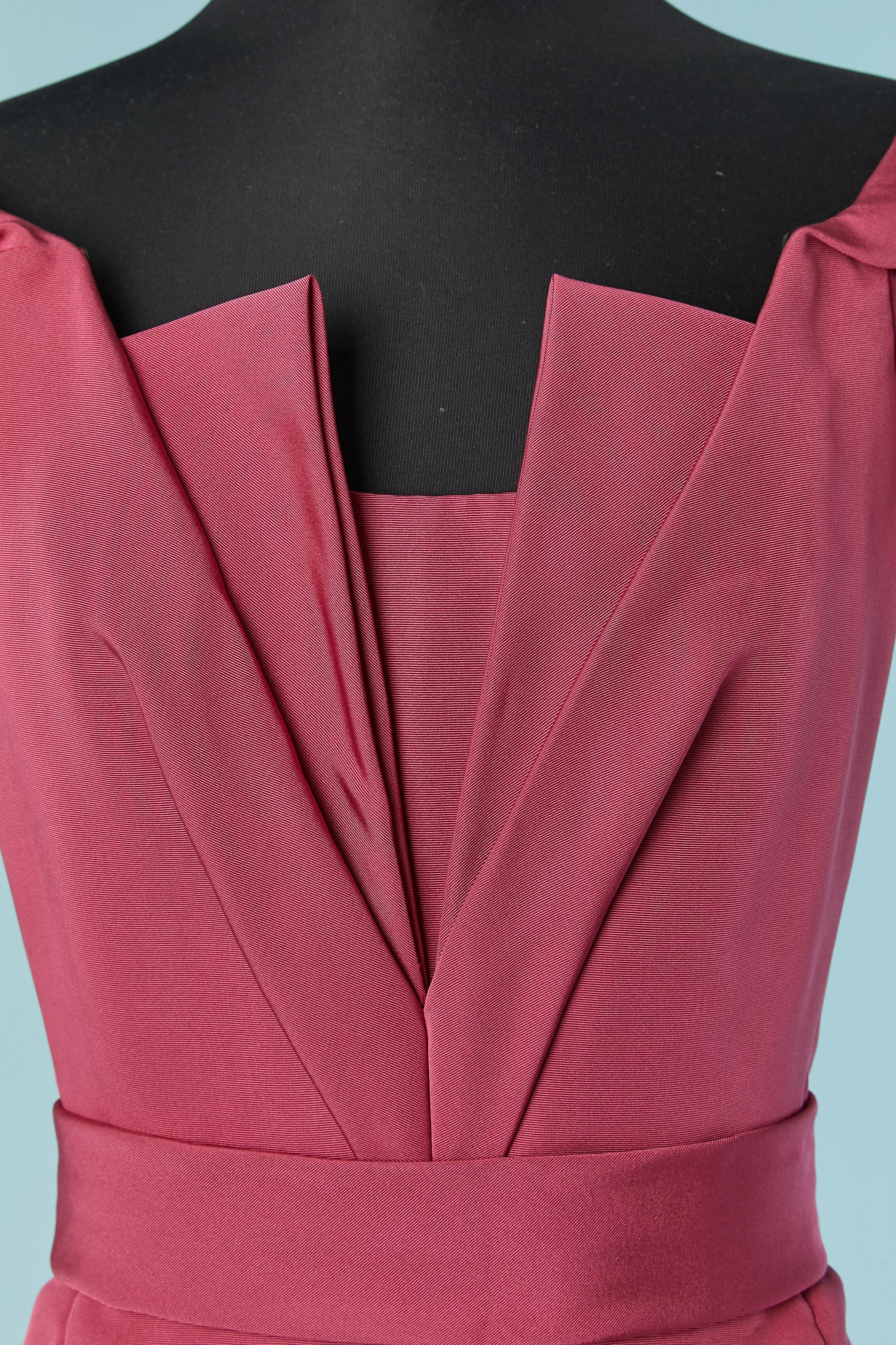 Raspberry pink silk evening dress with black silk lining. Zip and hook&eye closure on the middle back. Boned. 
SIZE 8 (US) M/L 
Total front lenght = 150cm
Total back lenght = 160cm