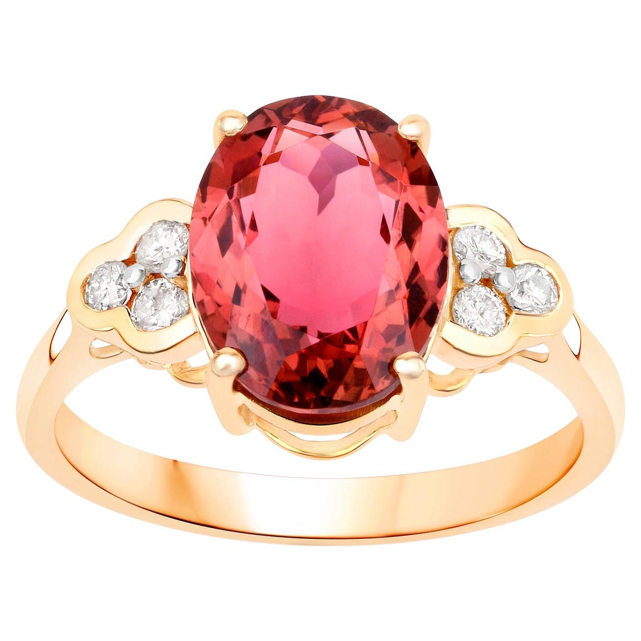 Raspberry Pink Tourmaline Cocktail Ring With Diamonds Total 3.30 Carats 14K Gold