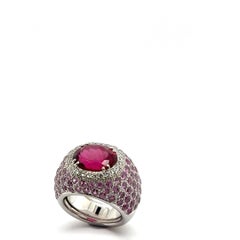 Raspberry Red Spinel Pink Sapphire Diamond Dome Ring in 18K White Gold