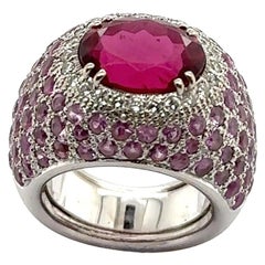 Raspberry Red Spinel Pink Sapphire Diamond Dome Ring in 18K White Gold