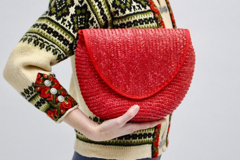 Raspberry Red Vintage Straw Crossbody Bag or Clutch Italy 1980s For ...