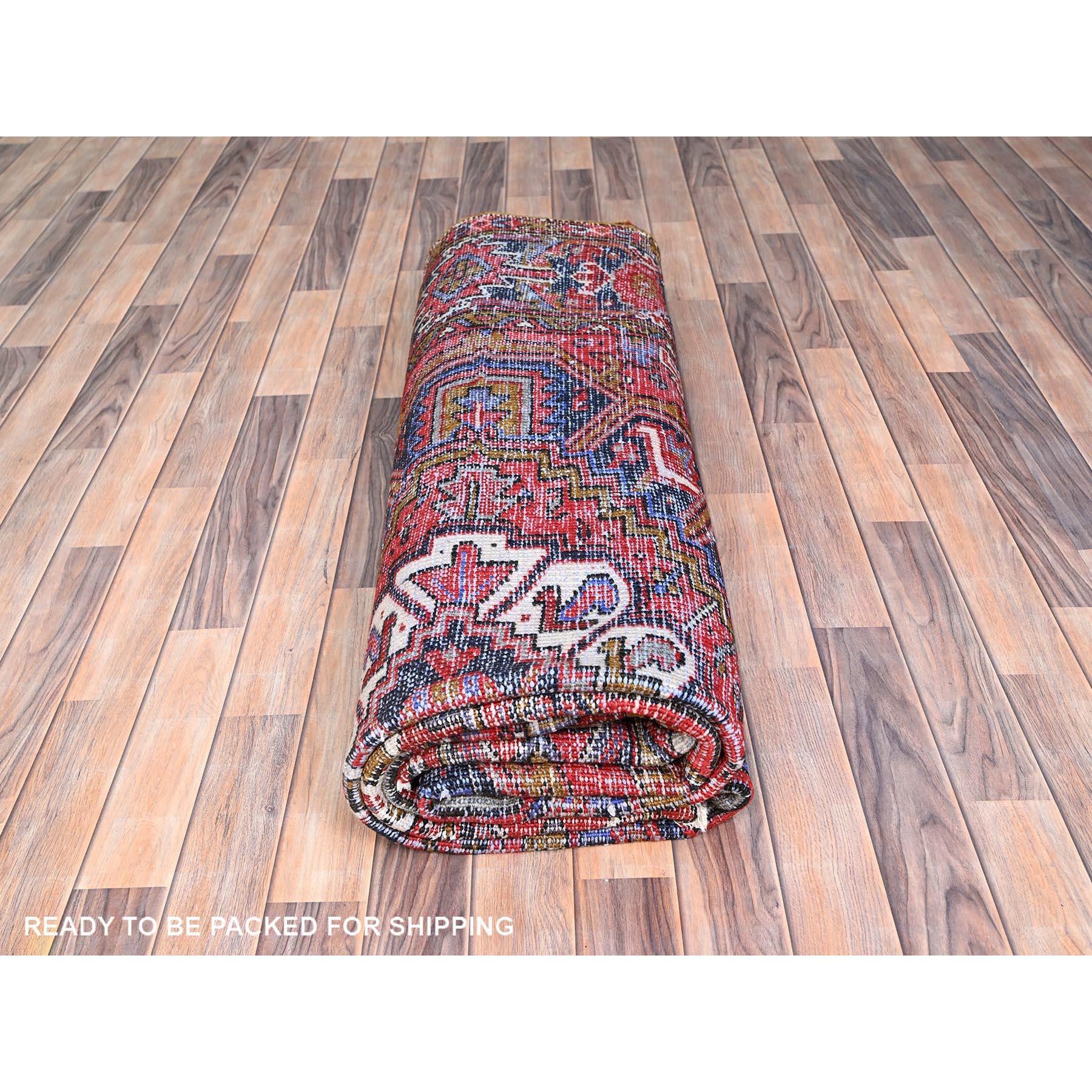 Raspberry Red Worn Wool Hand Knotted Semi Antique Persian Heriz Rustic Feel Rug For Sale 5