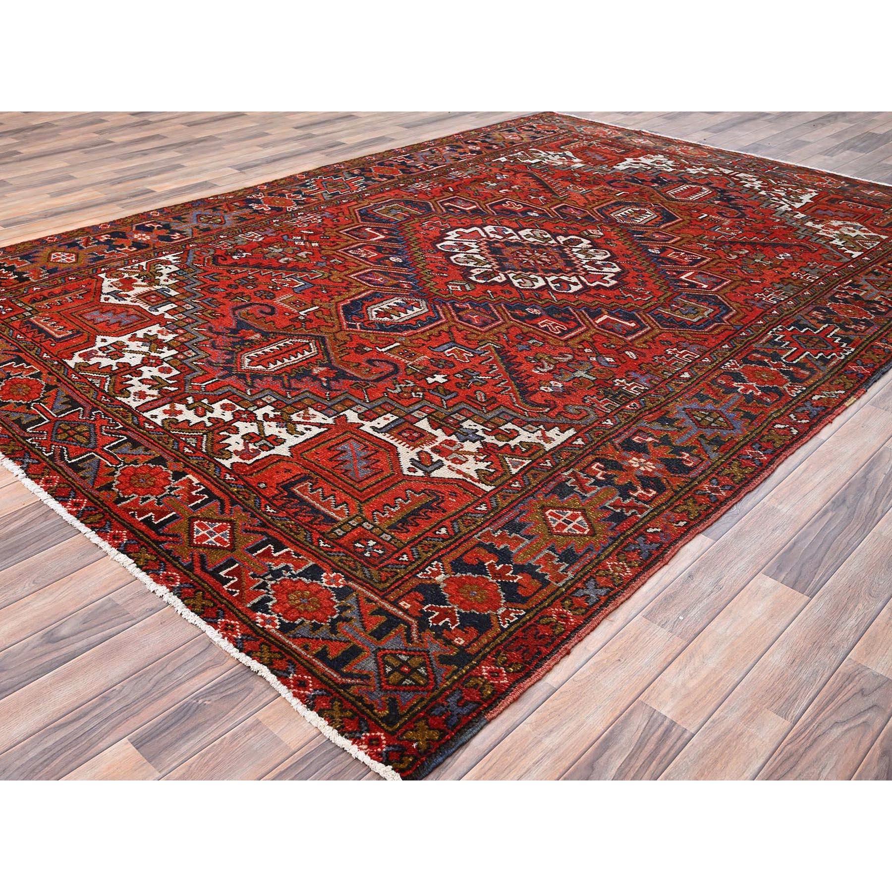 Raspberry Red Worn Wool Hand Knotted Semi Antique Persian Heriz Rustic Feel Rug In Good Condition For Sale In Carlstadt, NJ