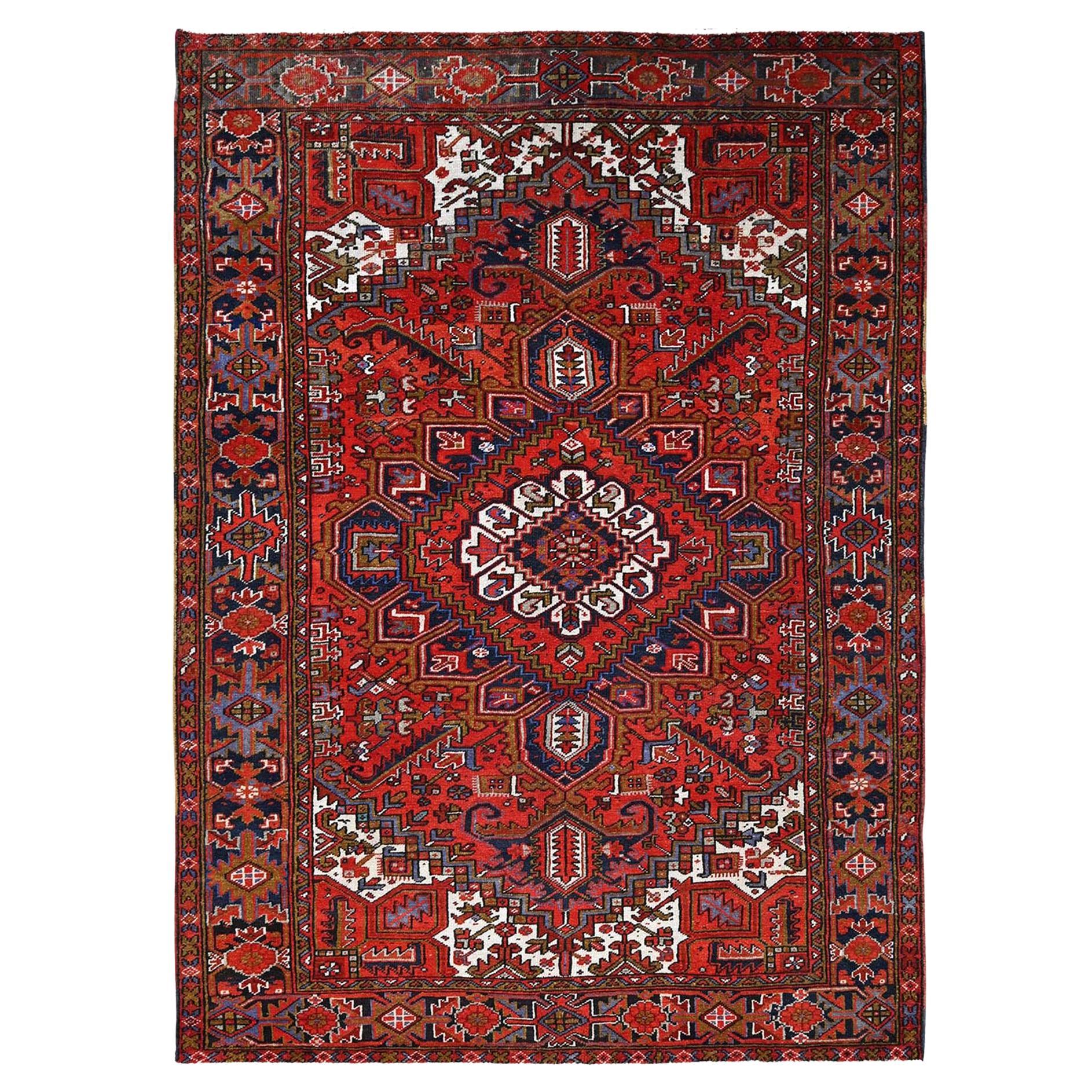Raspberry Red Worn Wool Hand Knotted Semi Antique Persian Heriz Rustic Feel Rug For Sale