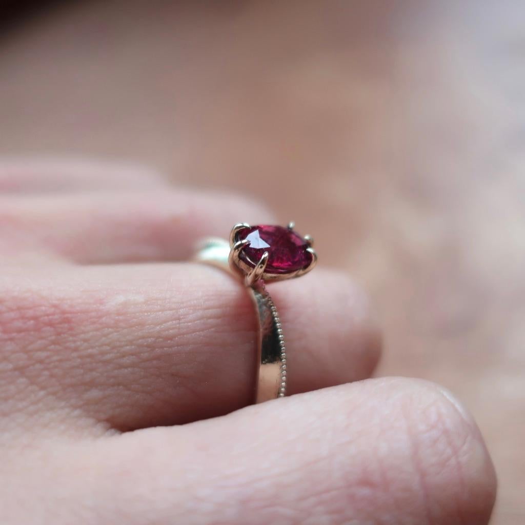 Raspberry Tourmaline Inspired Tapered 14 Karat Yellow Gold Solitaire Ring In New Condition In Foxborough, MA