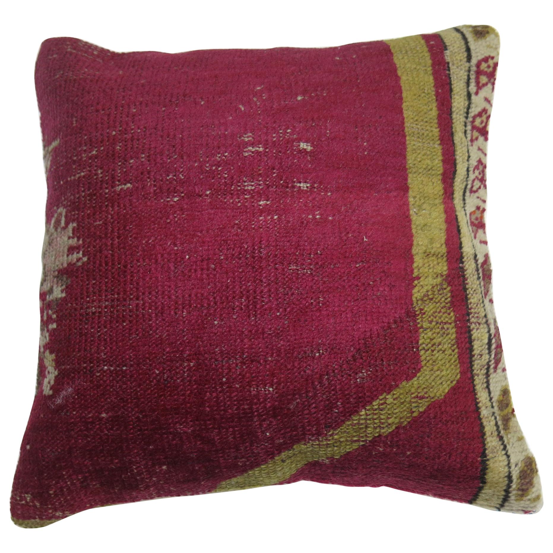 Raspberry Turkish Ghiordes Rug Pillow For Sale