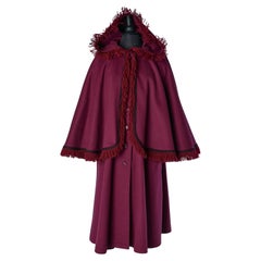Raspberry wool coat/cape with hood and fringes edge SAINT LAURENT RIVE GAUCHE