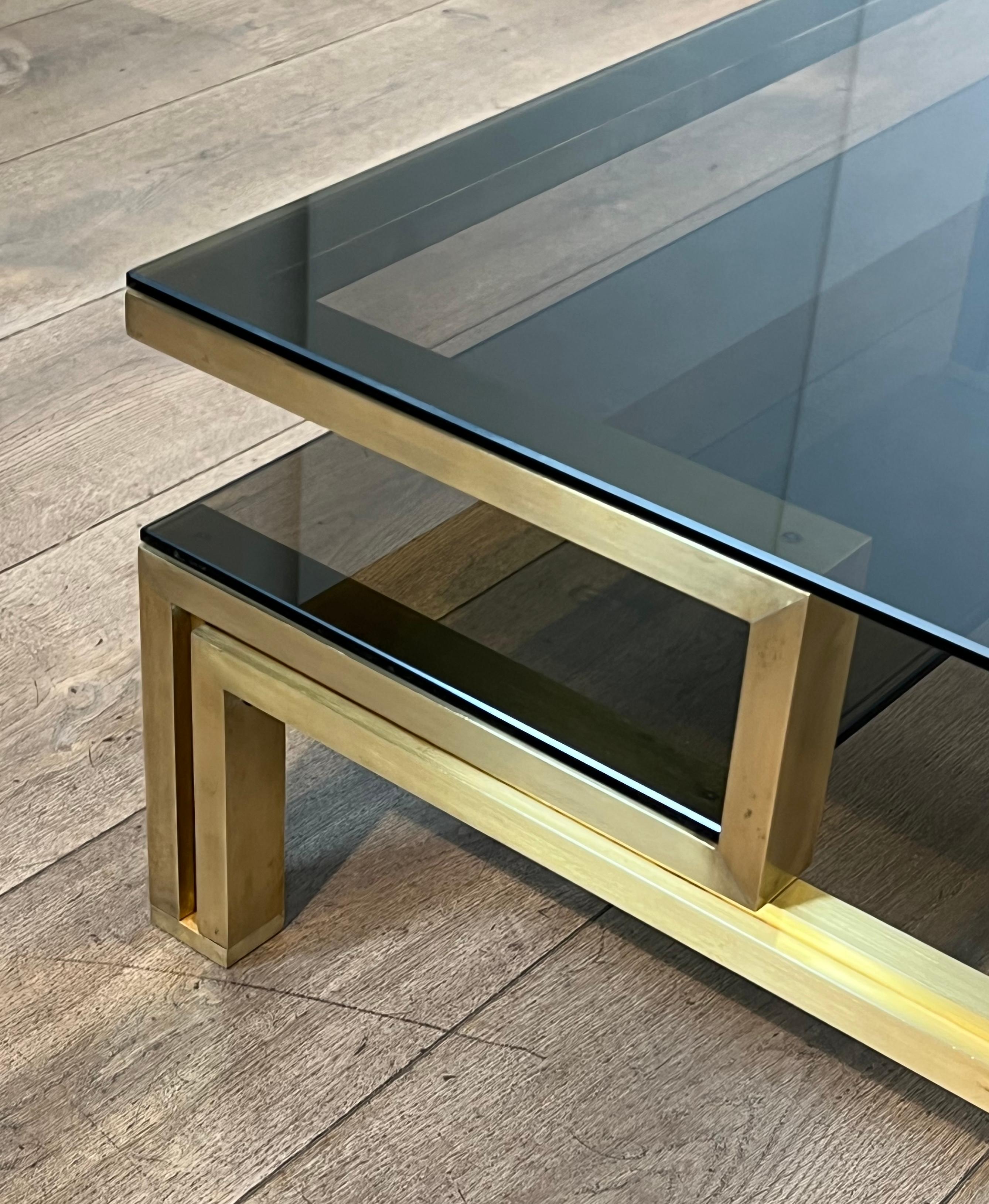 Laiton rass Coffee Table with Smoked Glass Shelves by Guy Lefèvre for Maison Jansen en vente
