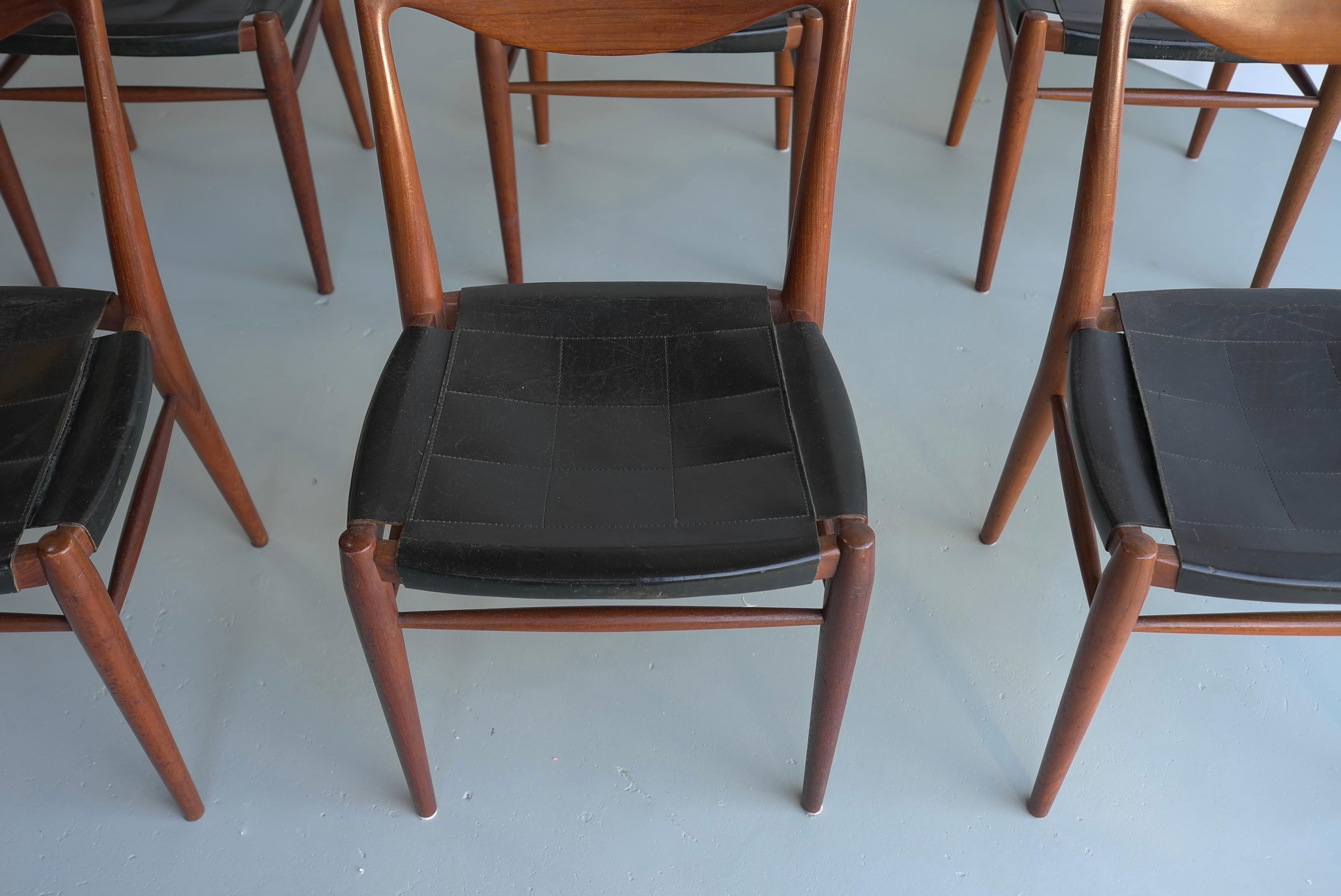 Rastad and Relling Six Bambi Chairs in Teak and Black Leather by Gustav Bahus For Sale 7