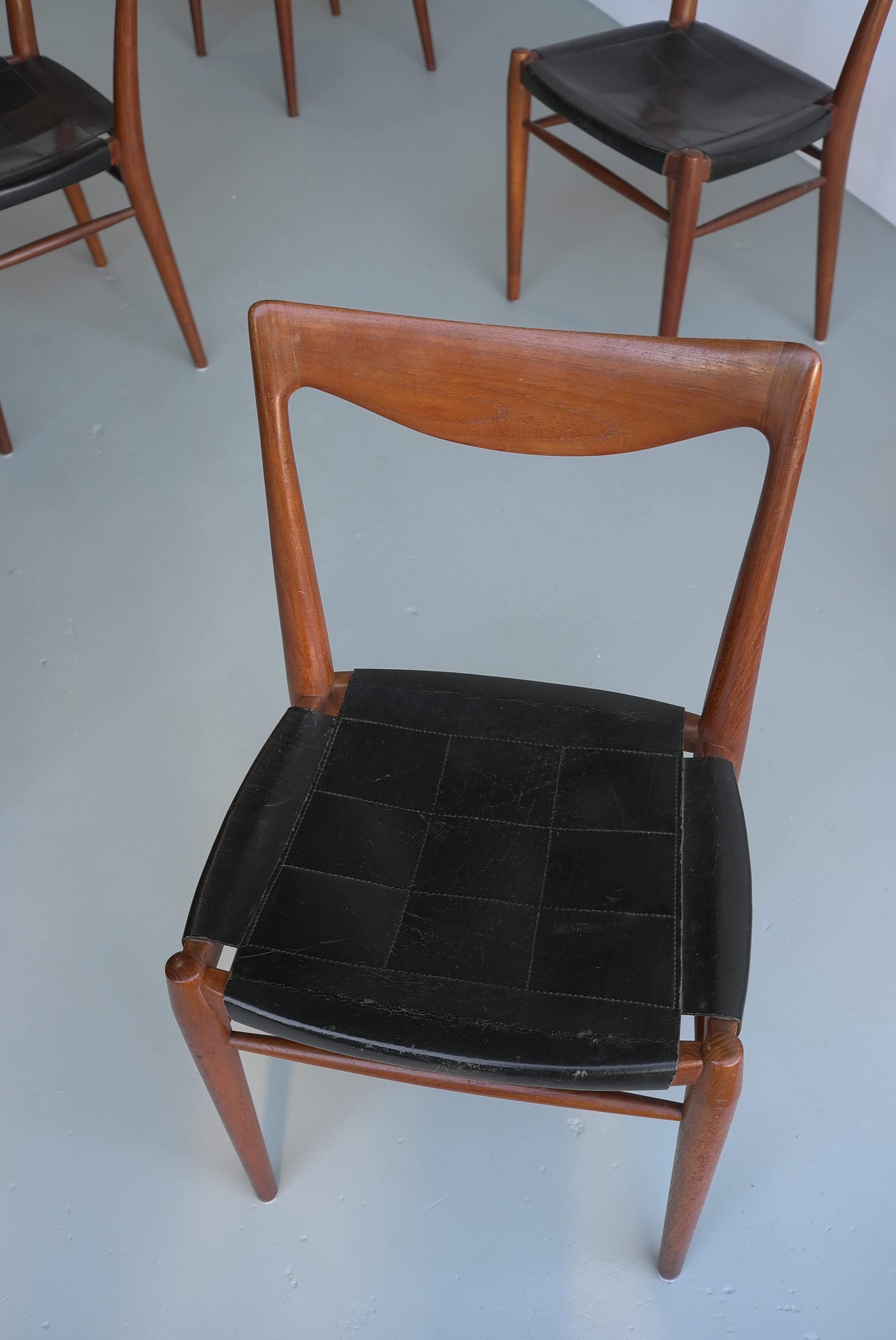 Rastad and Relling Six Bambi Chairs in Teak and Black Leather by Gustav Bahus For Sale 8